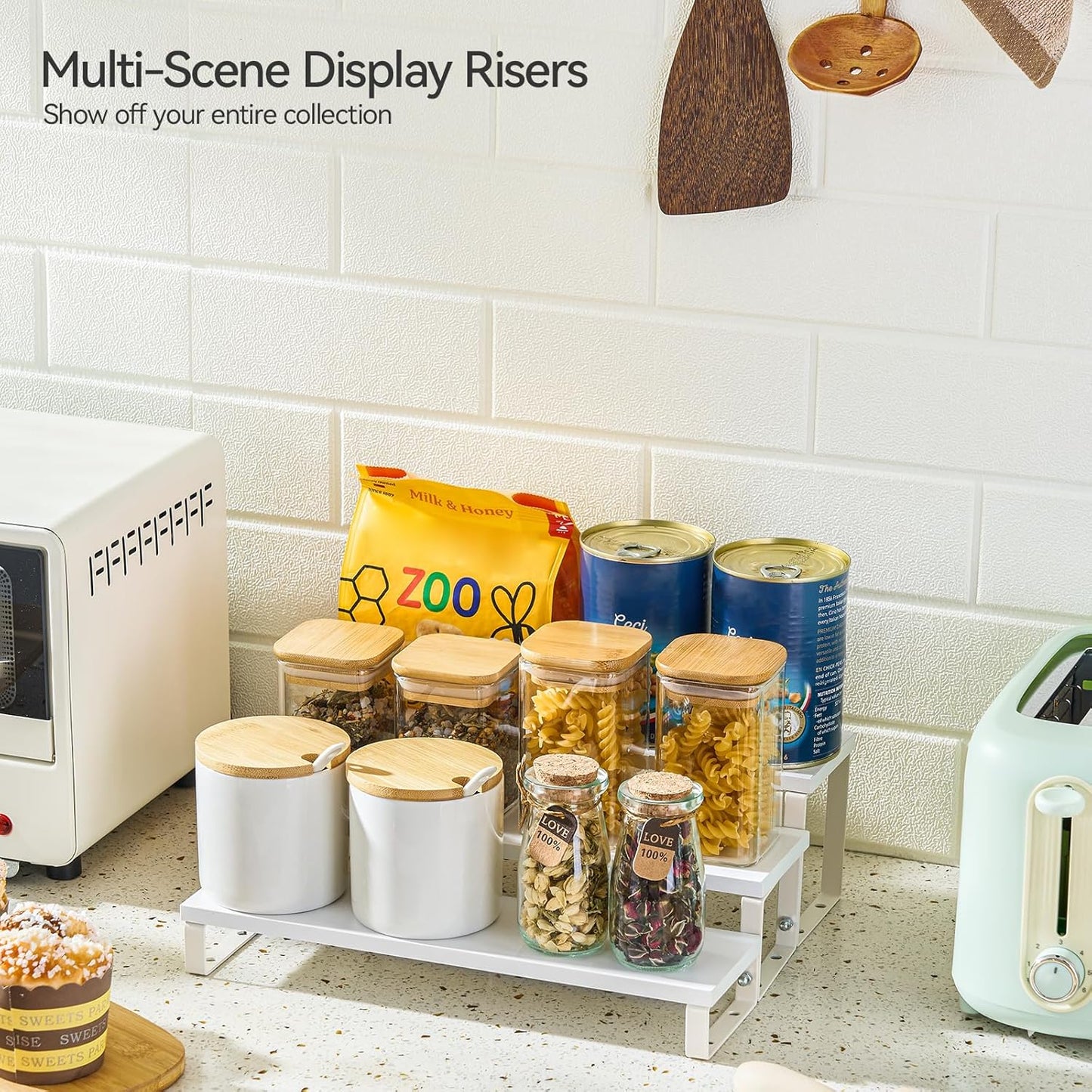 Spice Rack,Wooden Display Riser Stand, 3-Tier Perfume Stand and Cologne Organizer Stand, DIY Spice Rack Organizer, Display Shelf Metal Frame