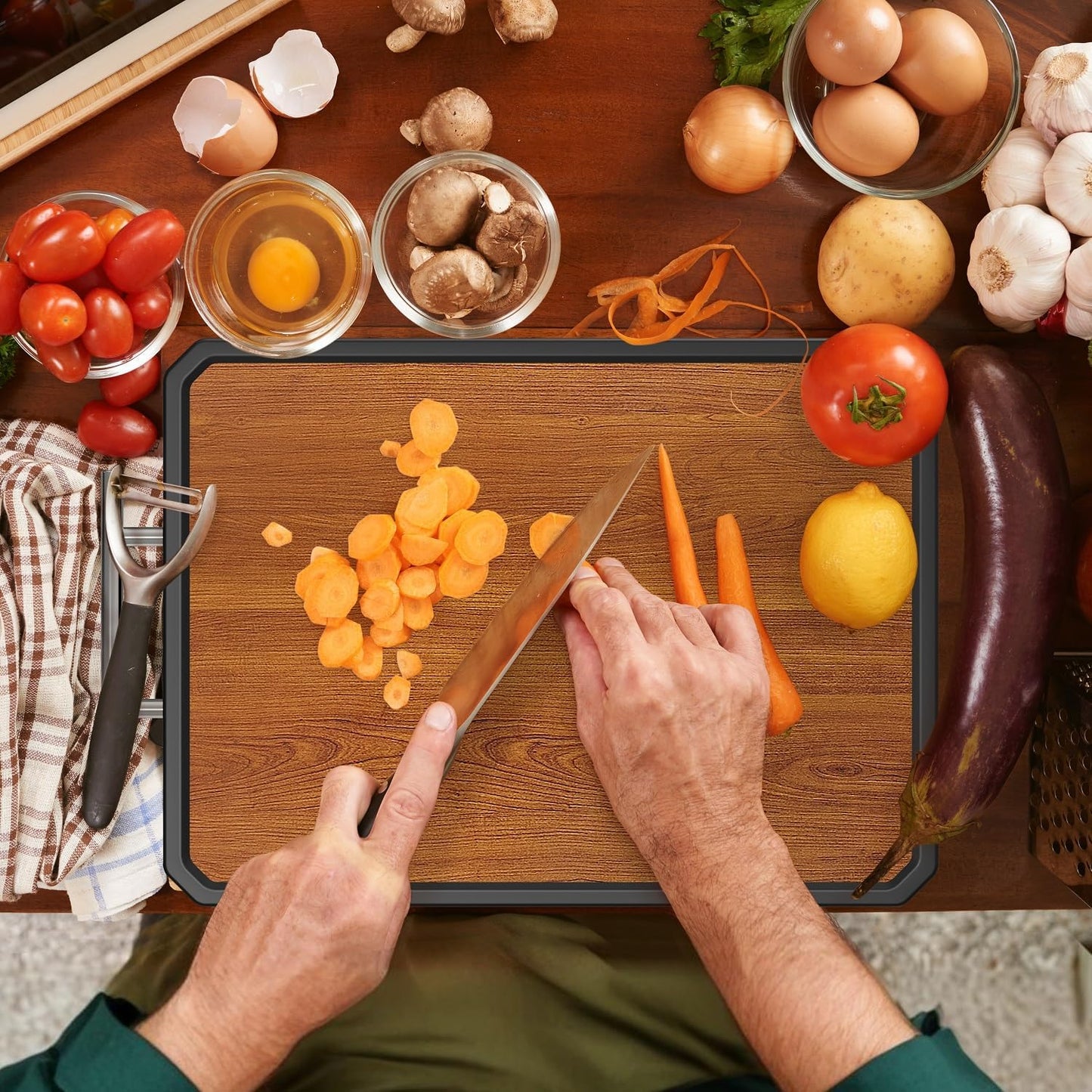 Wood Cutting Board with Handle, Double Sided Cutting Board for Kitchen, 16 * 11 inch 304 Stainless Steel Chopping Board for or Kitchen Meal Prep Serving