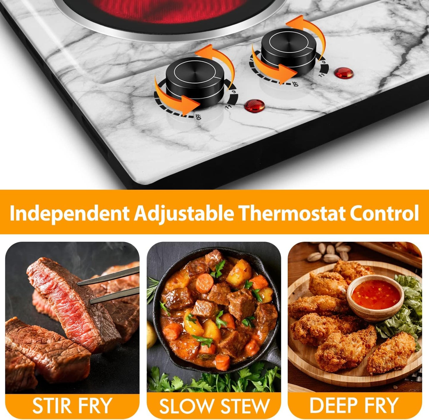 CUSIMAX Hot Plate, 1800W Double Burner Electric Hot Plate for Cooking, Dual Control Portable Infrared Stove Countertop Cooktop, Heat-up in Seconds, Stainless Steel White Marble