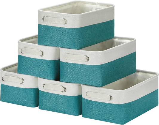 HNZIGE Small Closet Storage Baskets for Storage,Rectangular Storage Baskets Bins for Nursery,Gifts Empty Baskets for Organizing Shelves,Baby,Toy,Home(White&Teal,11.8" x 7.8" x 5.1")