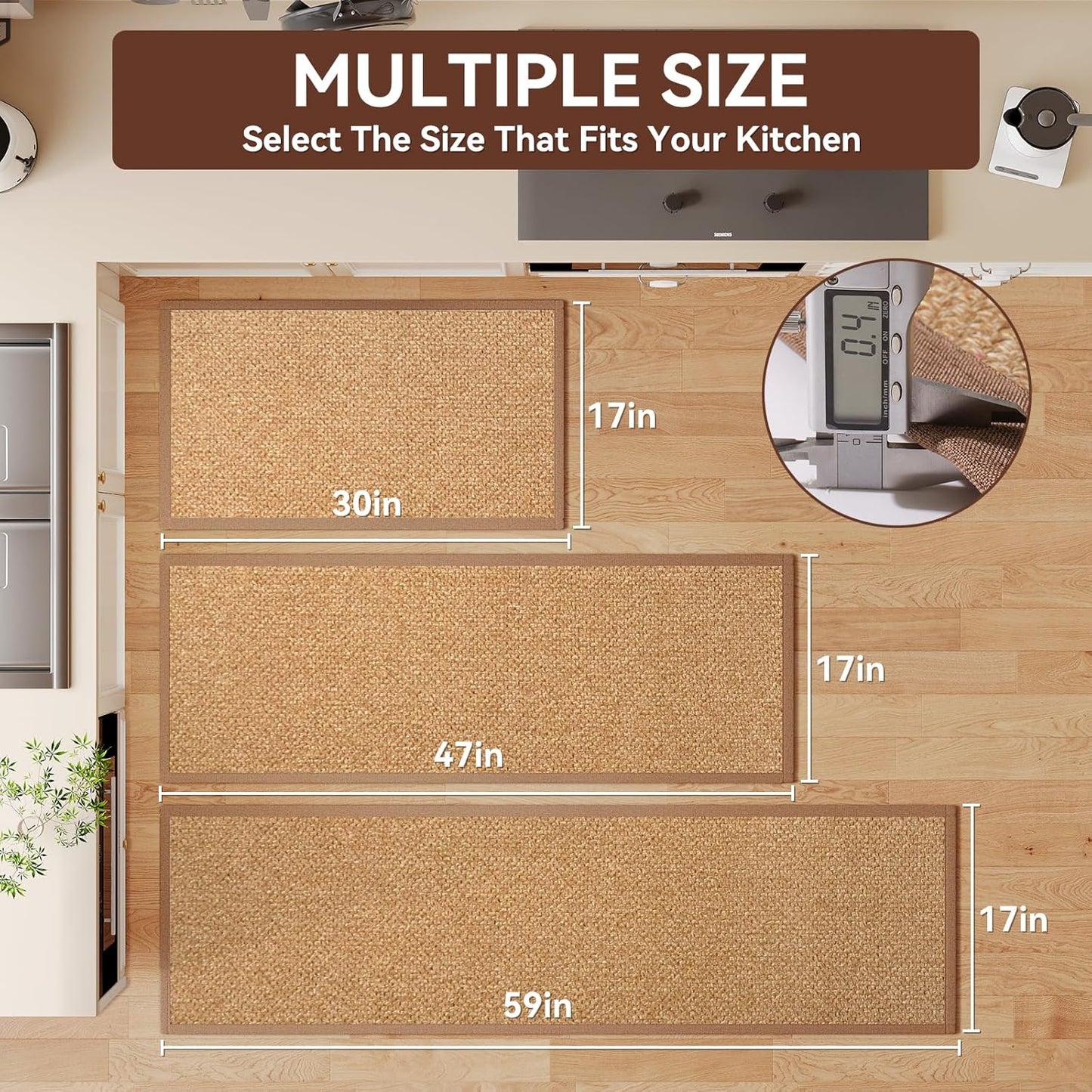 Kitchen Rugs Non Slip Washable, Anti Fatigue Cushioned Kitchen Mats for Floor, Super Absorbent Jute-Look Kitchen Sink Mat Standing Mat for Office, Laundry, Brown 17"x47"