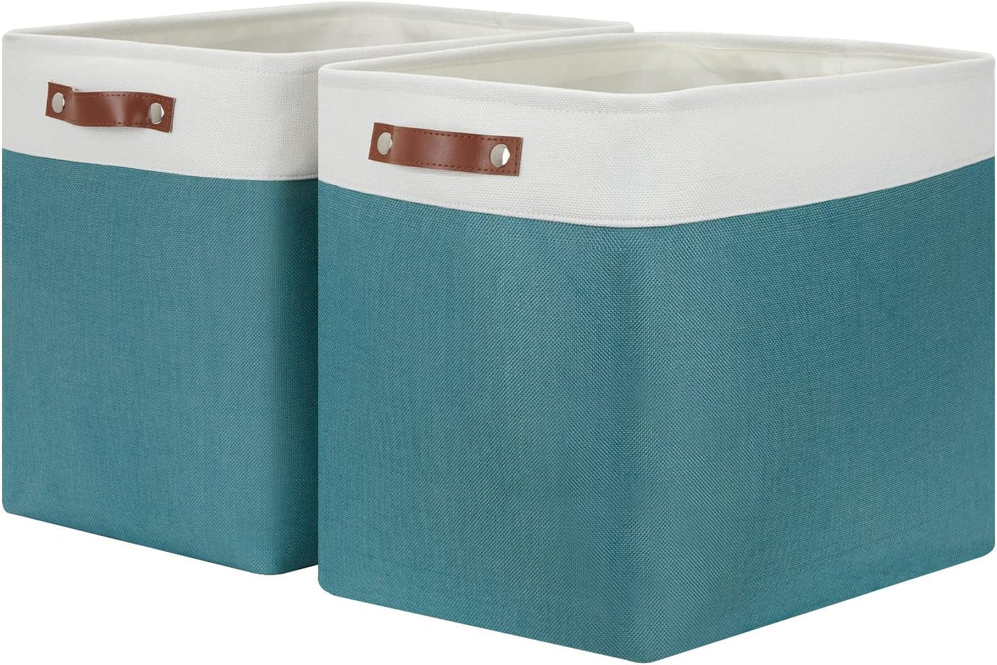 HNZIGE Large Canvas Organizer Baskets for Organizing, Rectangular Shelf Baskets with Handles, Collapsible Linen Storage Basket for Storage Shelves Closet, Home(White Teal), 17" x 12" x 15"