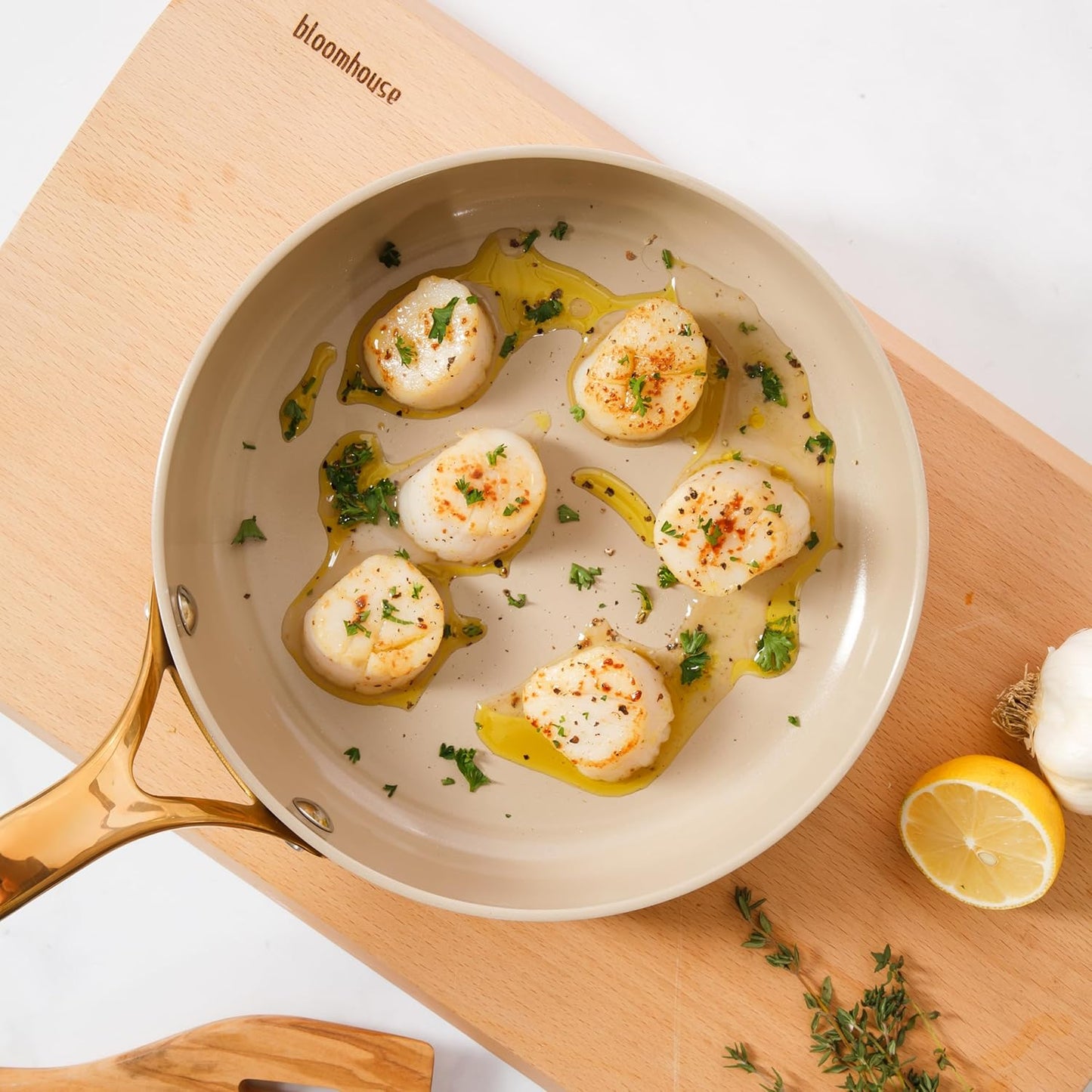 bloomhouse 8 Inch Heavy Duty Aluminum Premium PFA Free Ceramic Nonstick Saute/Deep Frying Pan Skillet - Almond Cream w/Gold Handle