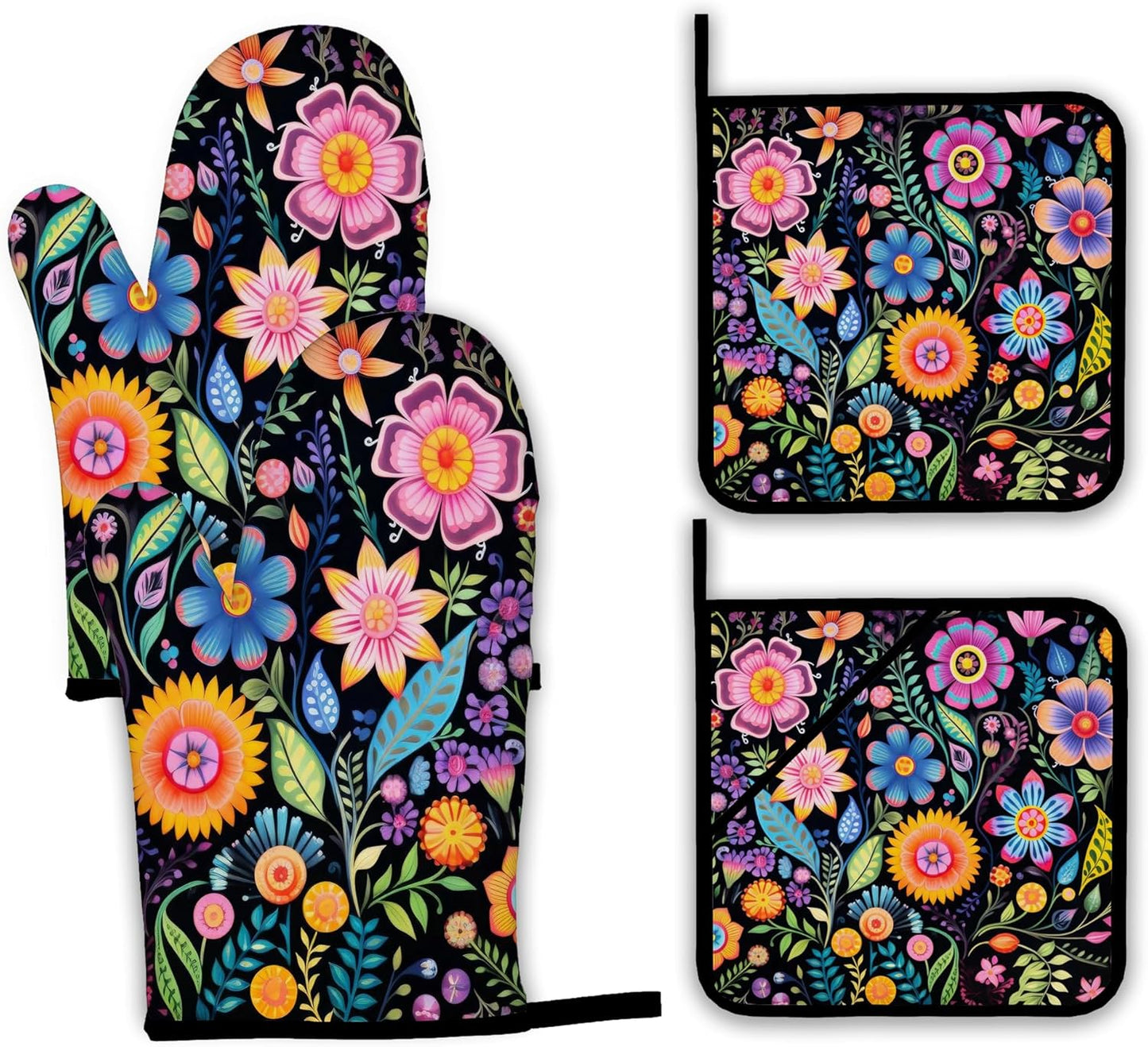 Vintage Hippie Flower Oven Mitts and Pot Holders,Heat Resistant Oven Mitts Gloves and Pot Holder for Home Kitchen Decorations Cooking Baking BBQ Gifts,Set of 4