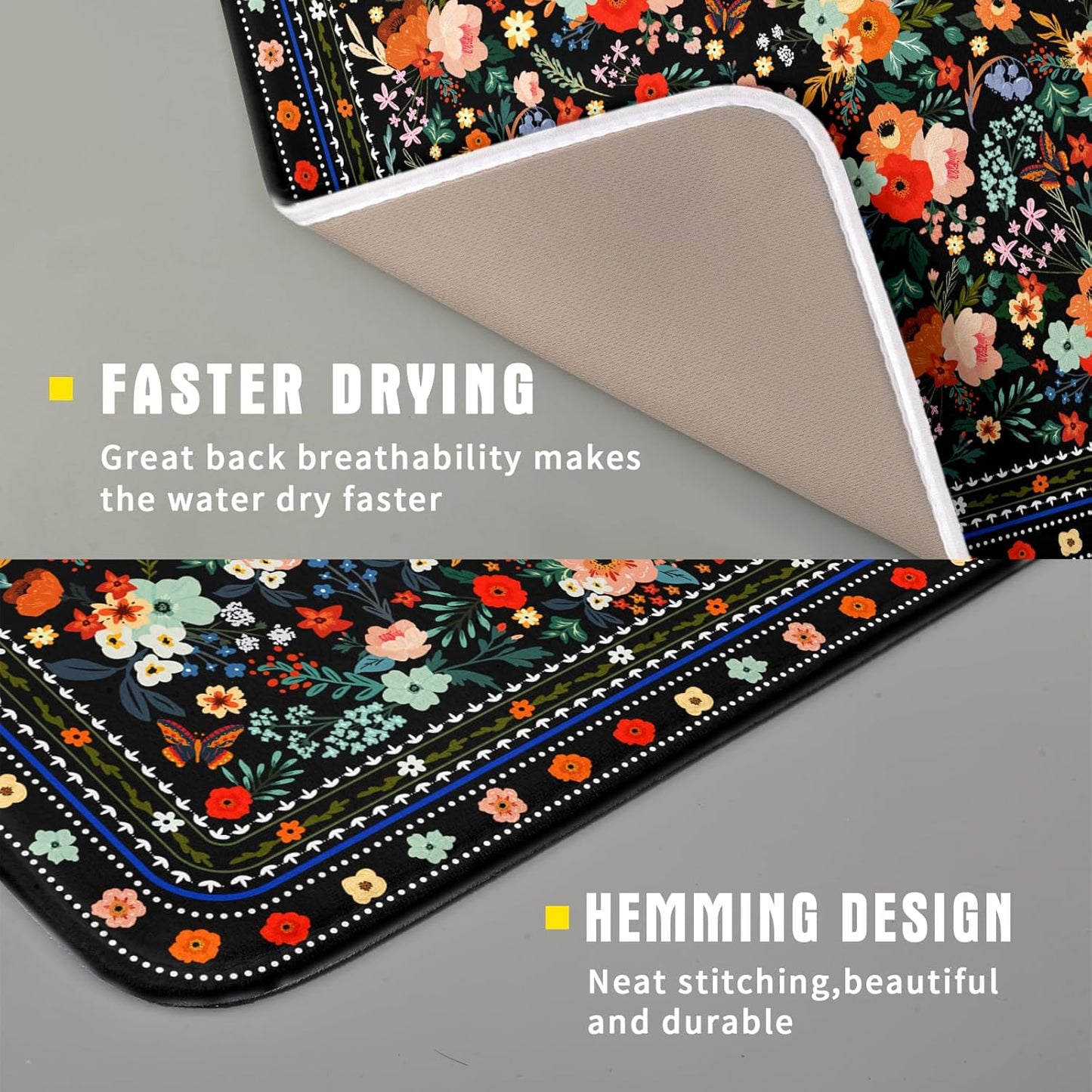 Black Flowers Dish Drying Pad Boho Floral Washable Microfiber Kitchen Mat for Home Decor