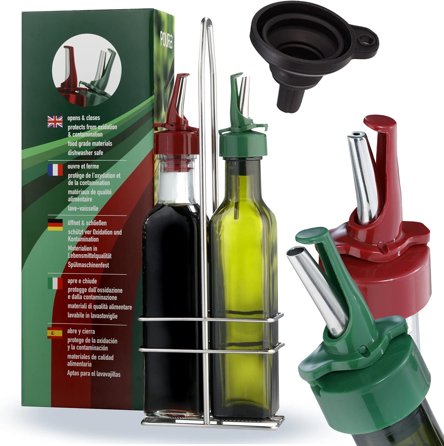 Poura Vinegar and Olive Oil Bottle Drizzler Set with Unique ClickSeal Pour Spouts | Glass Oil & Vinegar Dispenser Bottles for Cooking Kitchen Dining | Hygienic Covers + Silicone Decanter Funnel 500ml