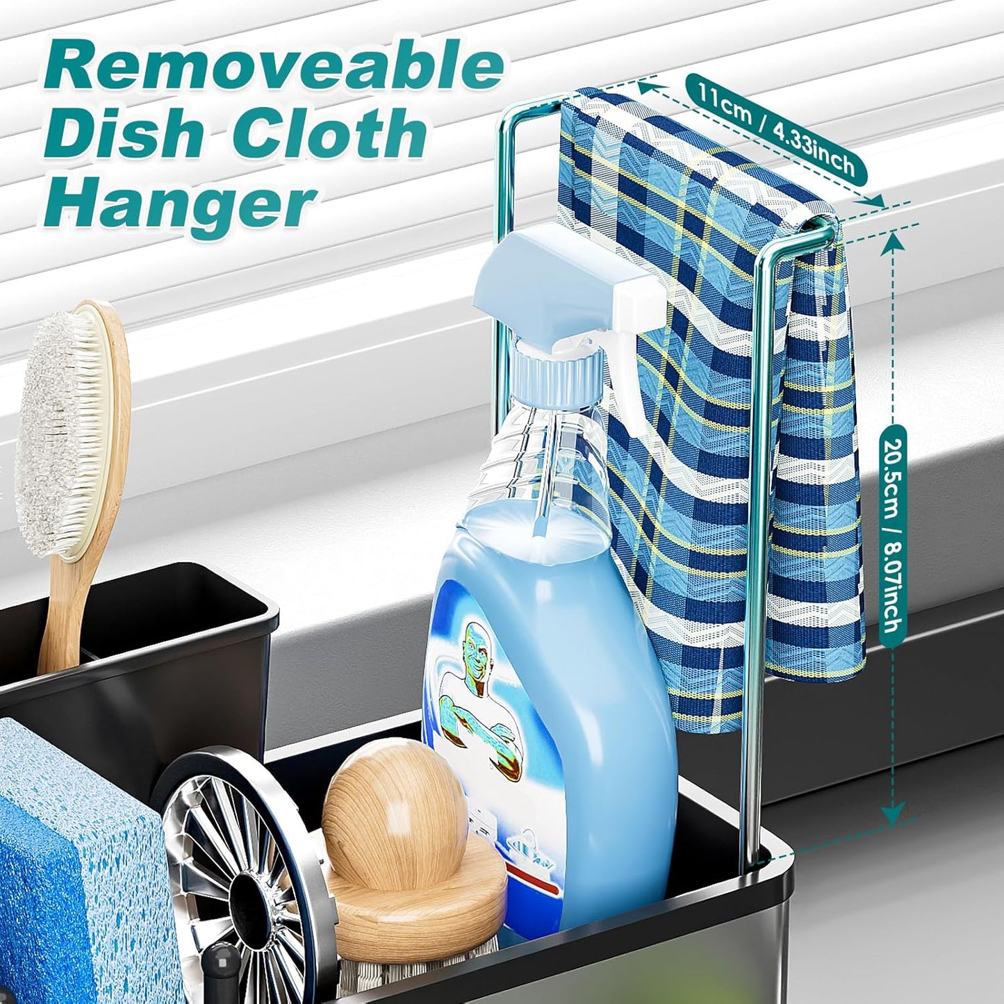 Stainless Steel Sink Caddy, Sponge Holder for Kitchen Sink with Brush Holder & Dishcloth Rack, Rustproof Sink Organizer Countertop, Soap Dispenser Kitchen Organizers Storage Essentials, Black