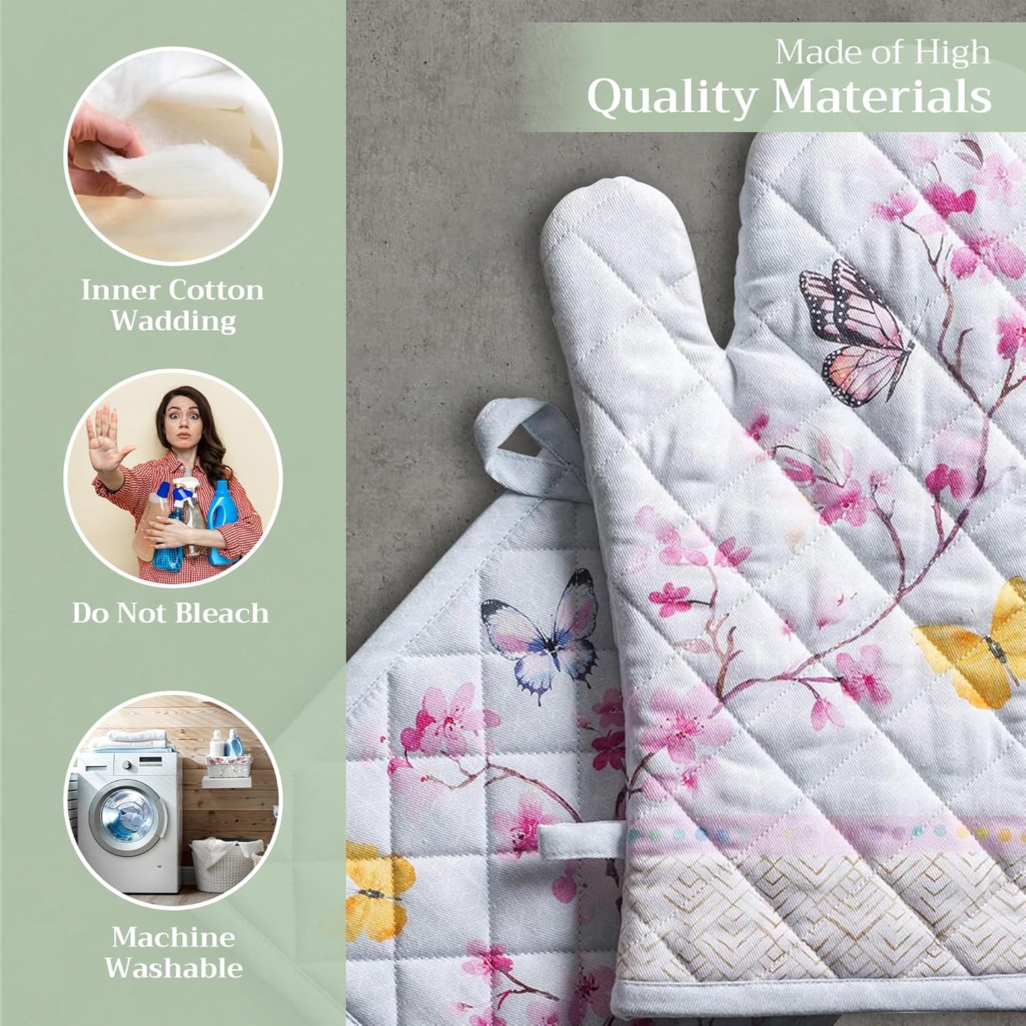 Maison d' Hermine 100% Cotton Oven Mitt & Pot Holder Set (7.5"x13" & 8"x8") Heat Resistant BBQ Cooking Gloves with Loop, Baking, Grilling, Kitchen, Handling Hot Pans Spring/Summer (Blossoms In Spring)