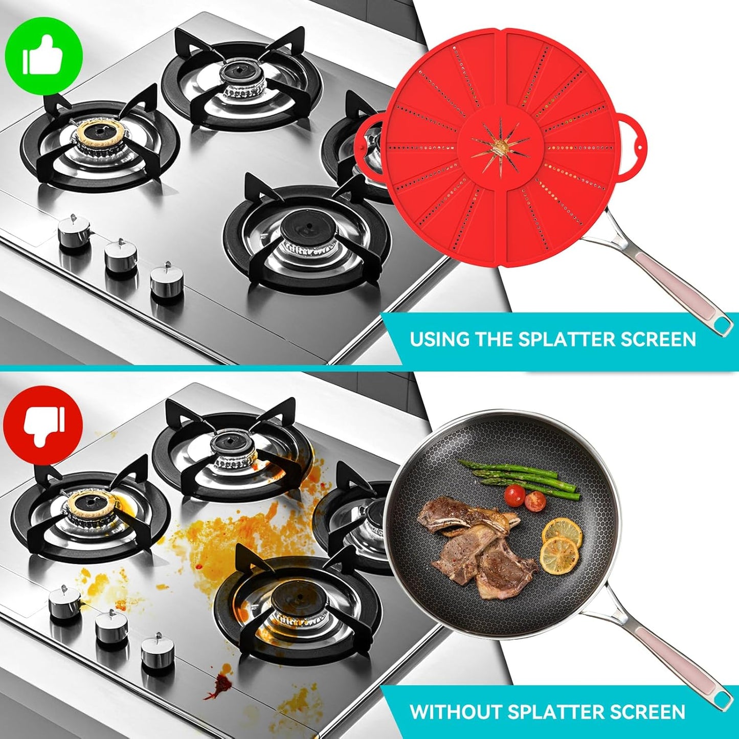 Silicone Splatter Screen for Frying Pan, Foldable Splash Guard, Multi-Use Grease Splatter Guard,Heat-Resistant Trivet Mat, 12" Non-Stick Oil Splatter Guard, Dishwasher Safe, BPA Free-red