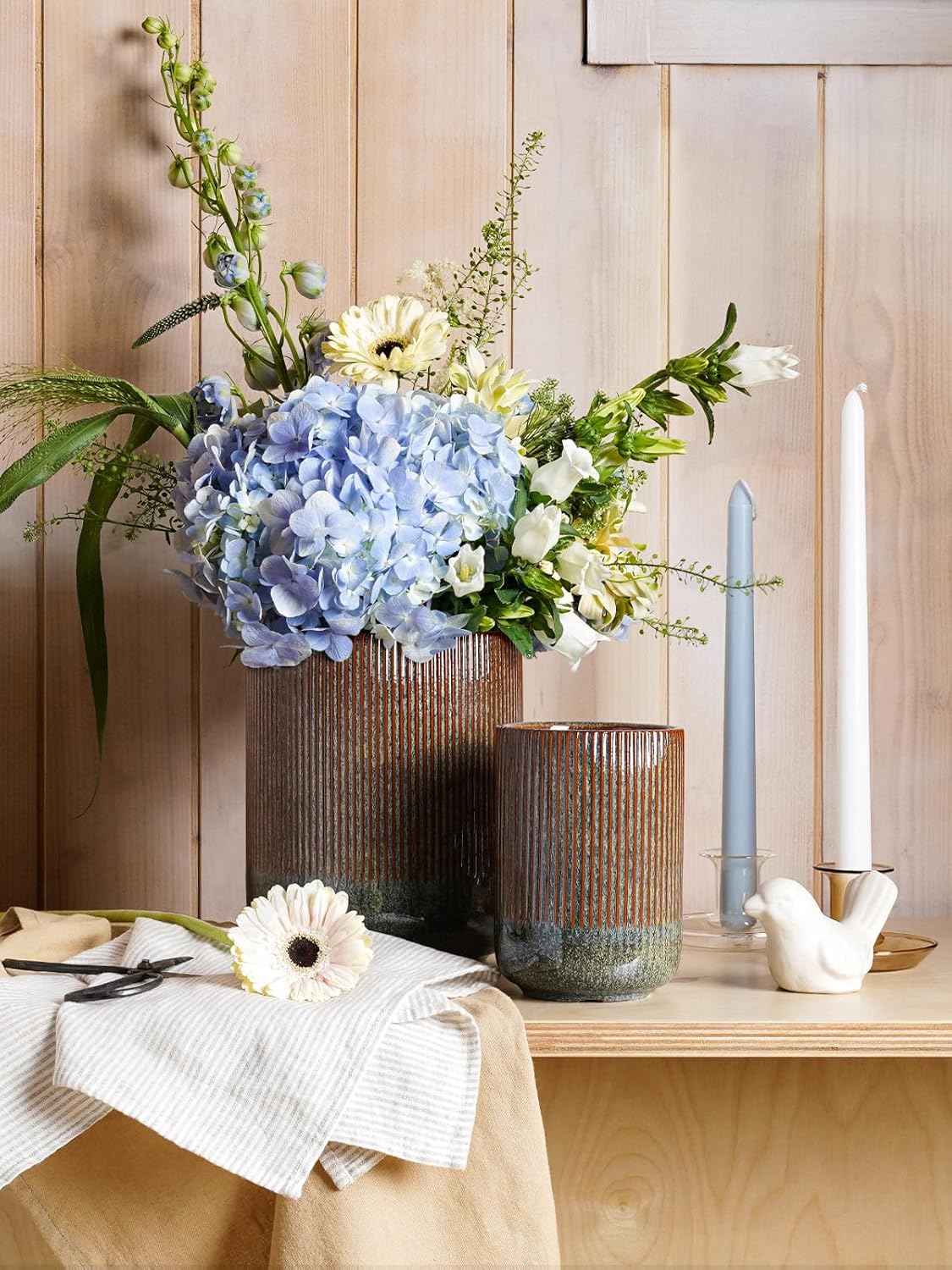 LE TAUCI Utensil Holder, 7.3"+5.4" Ceramic Kitchen Utensil Holder for Countertop, Black Cooking Utensil Crocks for Kitchen Counter, Morden Utensil Organizer for Spatula, Set of 2, Marble Dark Olive