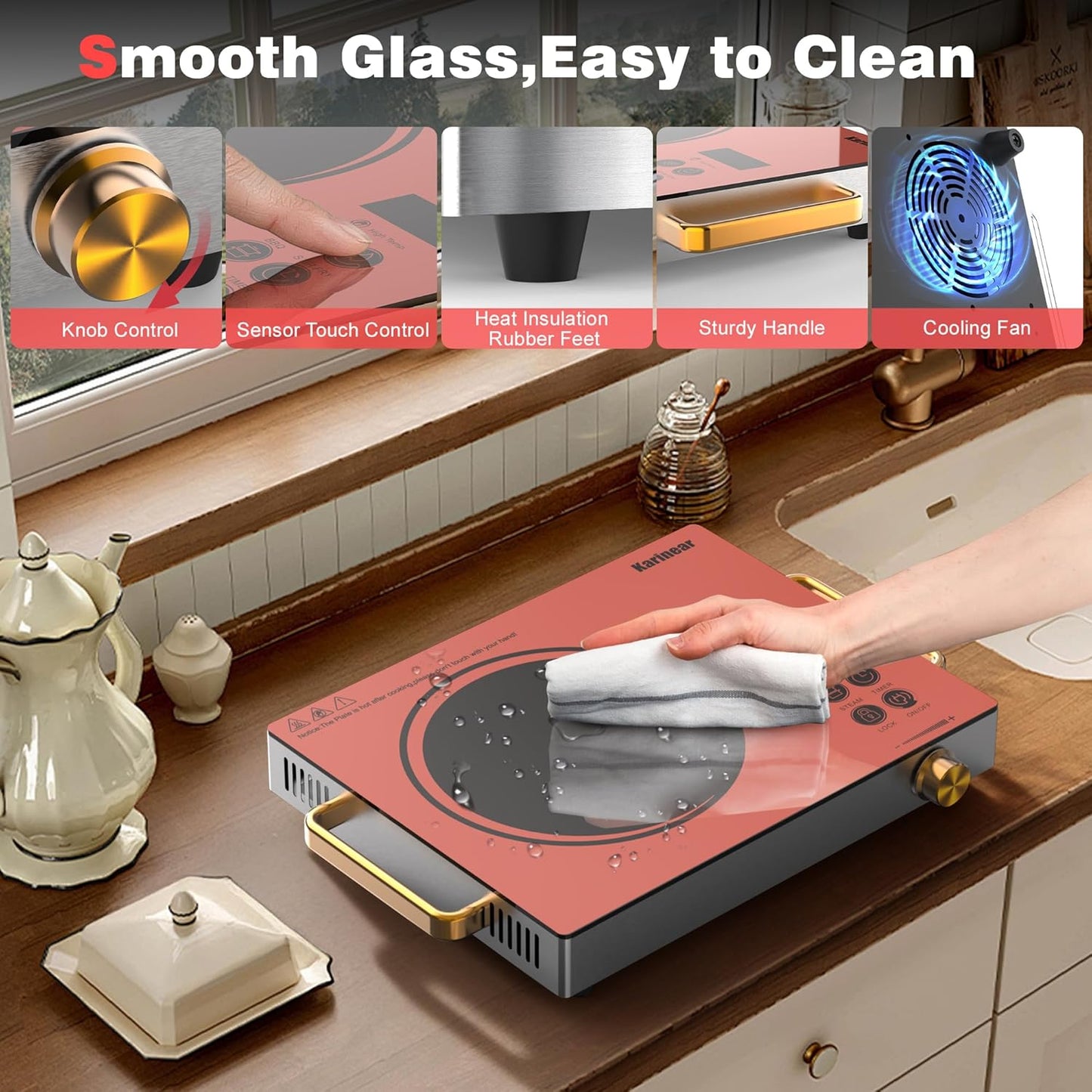 Karinear Portable Electric Stove 110V, 1800W Electric Hot Plate with Handle, Knob Control Single Burner Electri Cooktop, Ceramic Infrared Countertop Burner, Timer, Safety Lock(Pink)