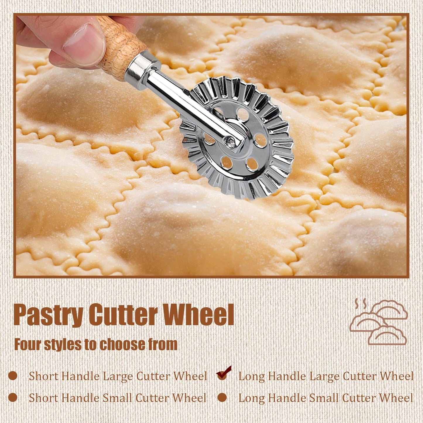 Long Handle Large Cutter Wheel - Exquisite Wooden Handle, Perfect for Pasta, Pizza, Ravioli, Cookie - Versatile Crinkle and Biscuit Cutter for Effortless Slicing