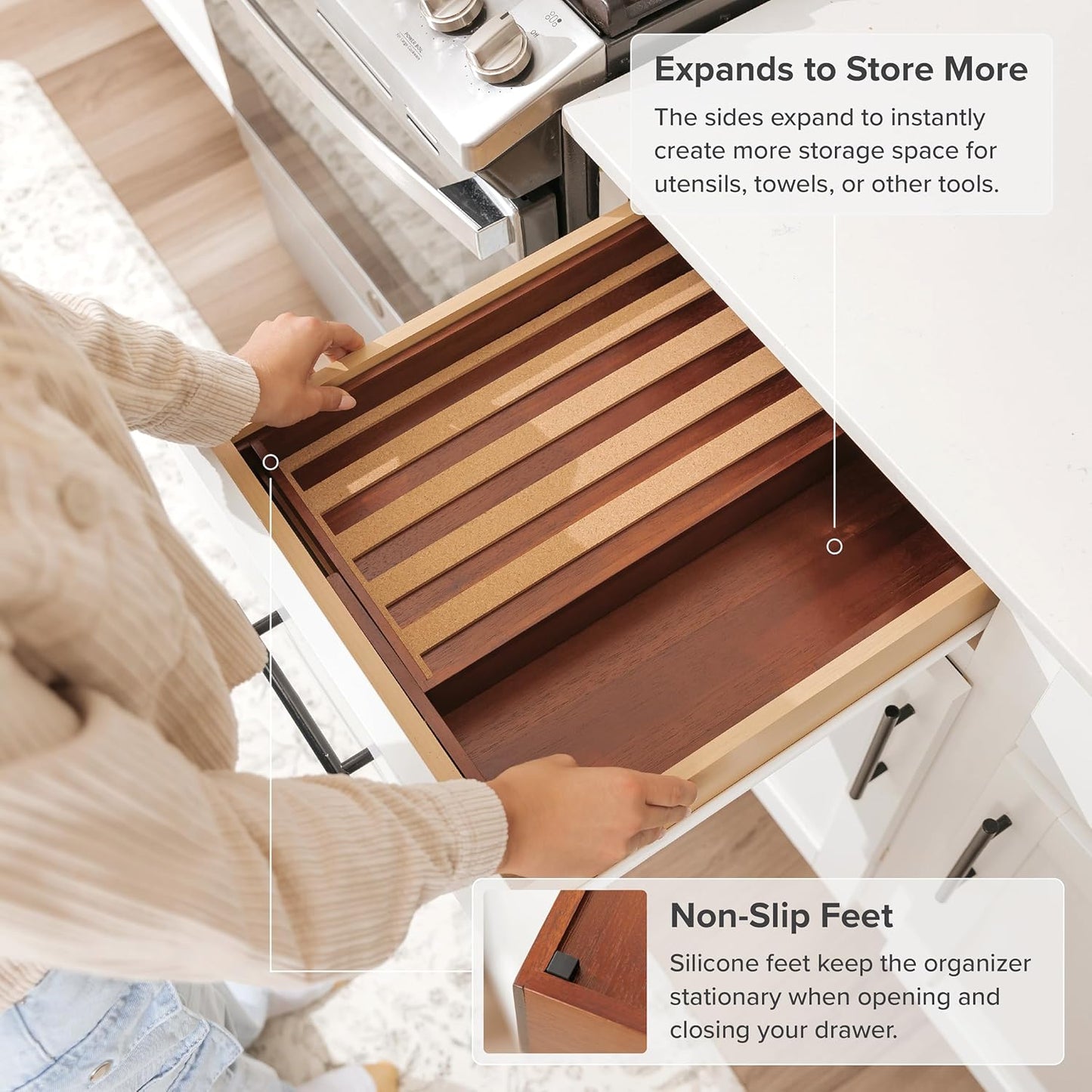 KitchenEdge Spice Drawer Organizer with Expandable Storage. Holds up to 15 Spice Jars (Not Included), Non-Slip Feet, Kitchen Accessory Storage, 100% Sustainable Bamboo Wood (Natural Acacia)