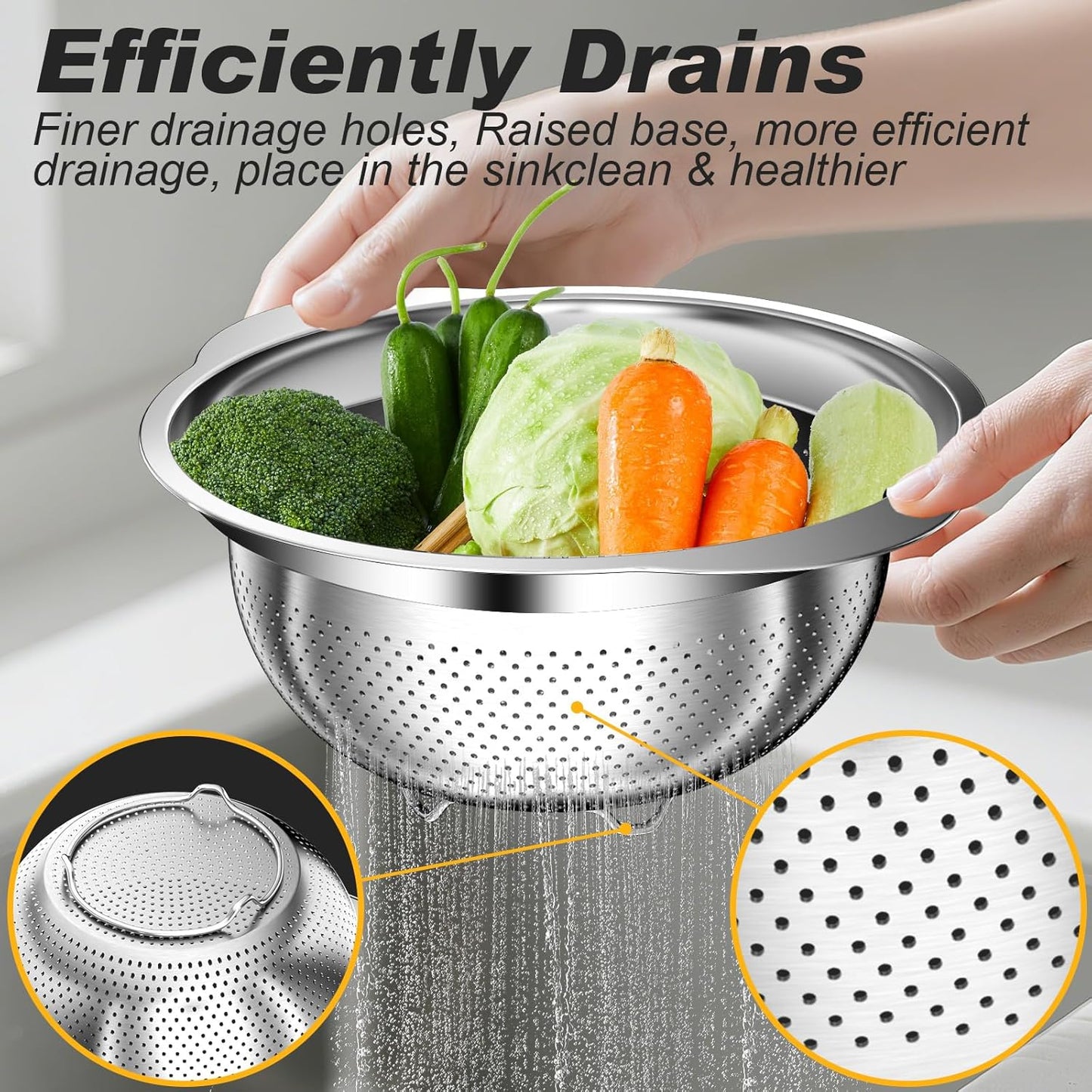 Colander, Stainless Steel Colander for Kitchen, 3Pcs Kitchen Gadget Food Strainer Basket with Handle, Kitchen Strainer Colanders Bowl for Pasta Noodles Spaghetti Vegetables Fruit (2QT, 3QT, 5QT)