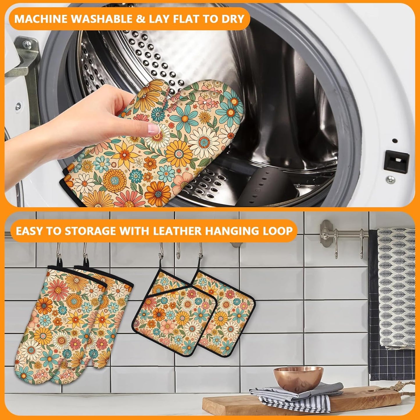 Boho Floral Oven Mitts and Pot Holders Sets 4Pcs,Extra Long Oven Gloves Potholder for Kitchen Cooking Baking BBQ 100% Cotton Heat Resistant