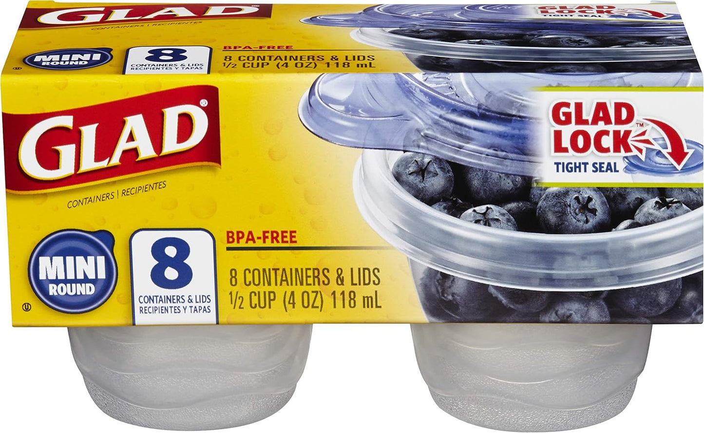 Glad GladWare Mini Round Food Storage Containers - Small Meal Container Holds up to 4 Ounces of Food - Lock Tight Seal, 8 Count - 12 Pack