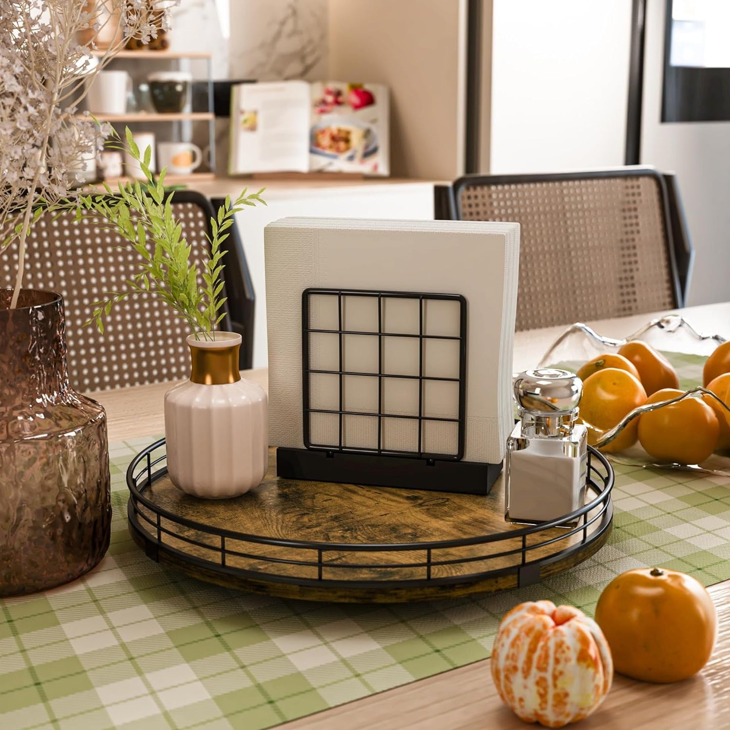 Lazy Susan Turntable Organizer for Table Top, 12’’ Round Wooden Lazy Susan for Cabinet Kitchen Countertop Pantry Dining Coffee Table for Condiments Spices, Rustic Bathroom Vanity Tray for Soap Candle