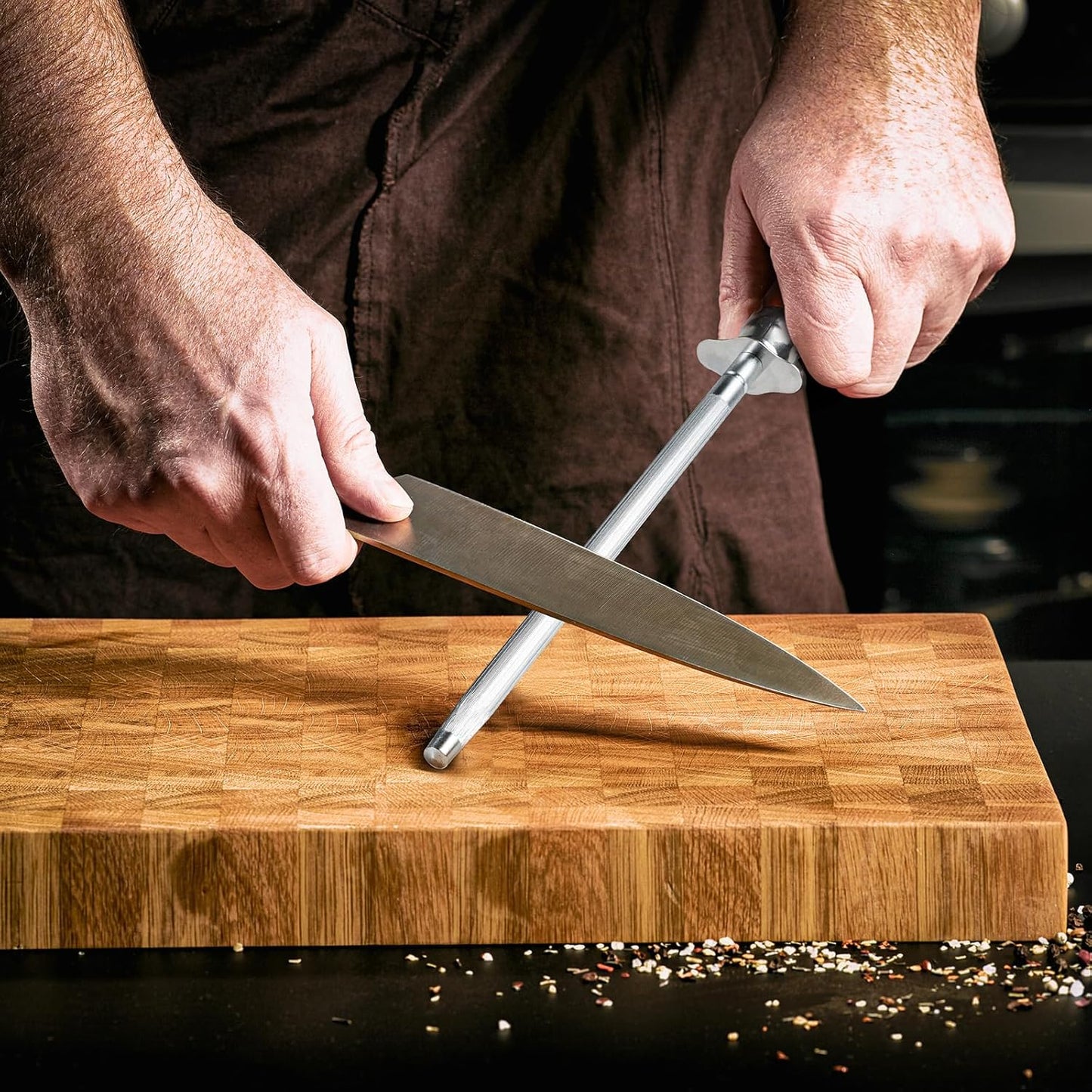 Knife Sharpener Rod, Kitchen Knives Sharpener Carbon Steel Professional Knife Sharpening Steel, Honing Rod with Hanging Holes (13 inches), Q