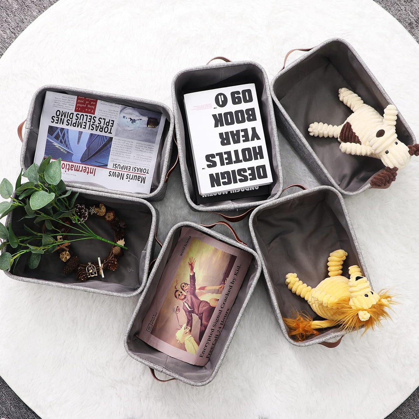 HNZIGE Foldable Fabric Storage Baskets (6pack), Empty Gift Baskets with Leather Handles, Decorative Organizers for Closet (Gray, 11.8" x 7.8" x 5.1")