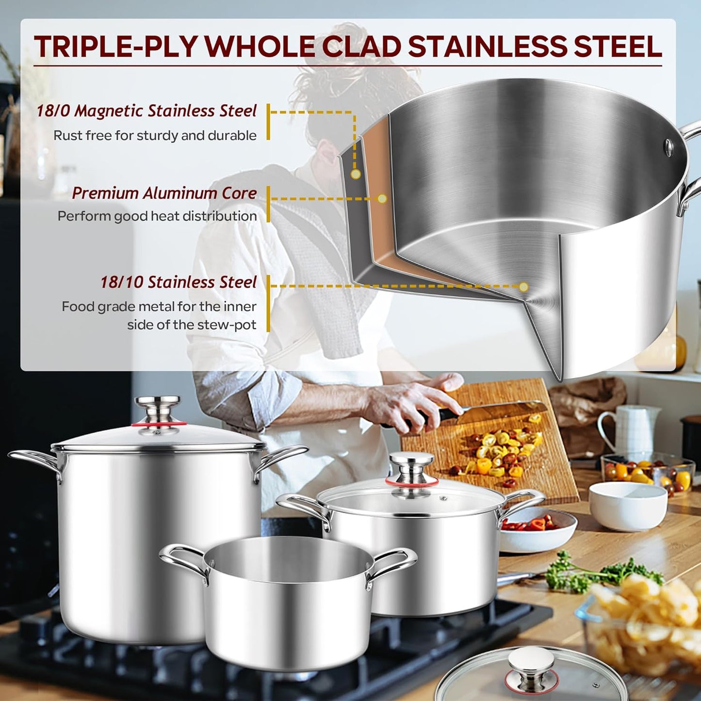 E-far 5 Quart Stock Pot with Lid, 18/10 Tri-ply Stainless Steel Stockpot for Induction Ceramic Gas Stoves, Heavy Duty Cooking Pot for Pasta Soup Stewing Simmering, Oven and Dishwasher Safe