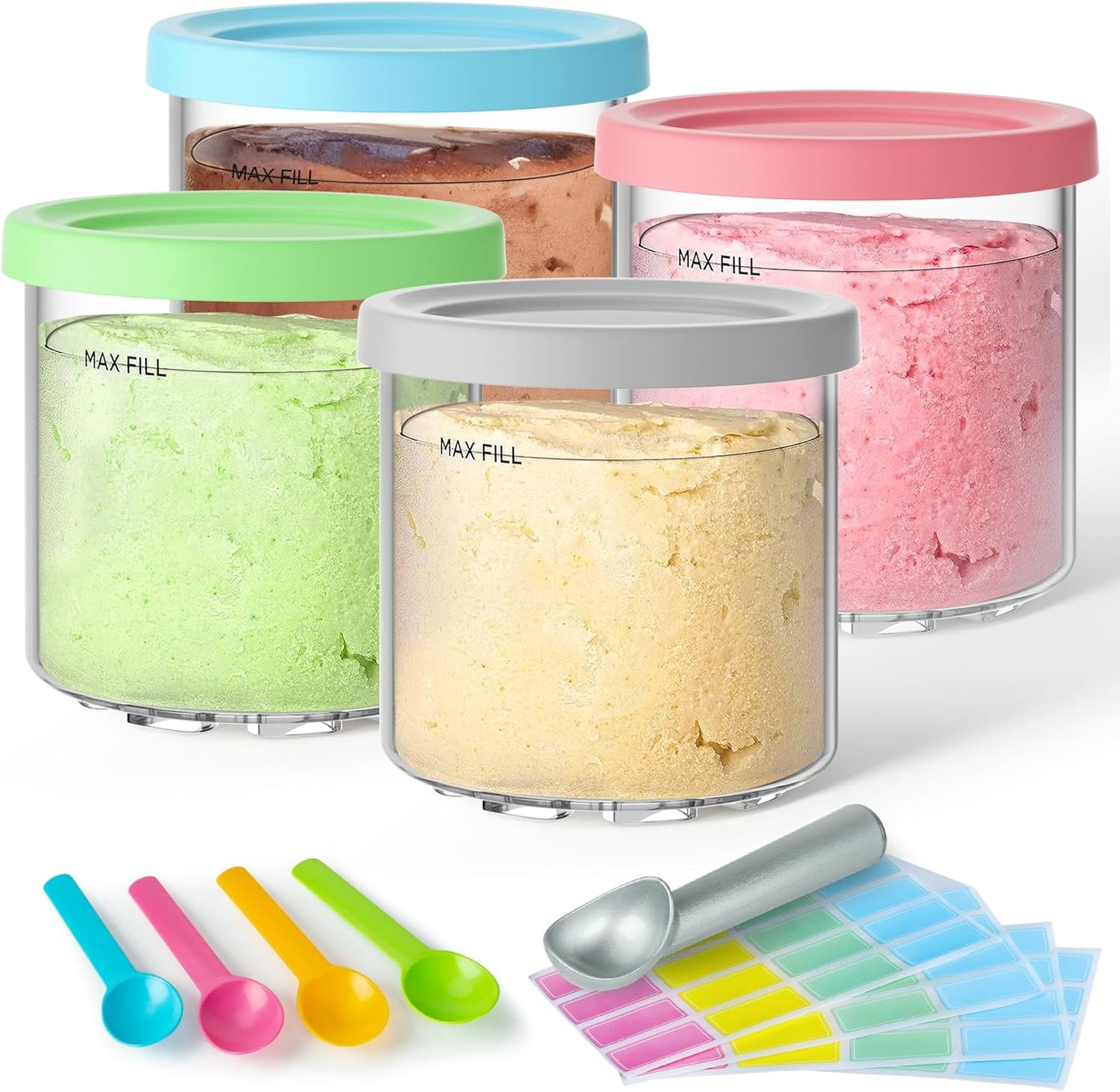 4 Pack Creami Pint Containers and Lids for Ninja with a Metal Spoon, Compatible with Ninja NC299 NC300 NC301 Series Creami Maker Machine Accessories, BPA Free & Dishwasher Safe, Assorted Colors