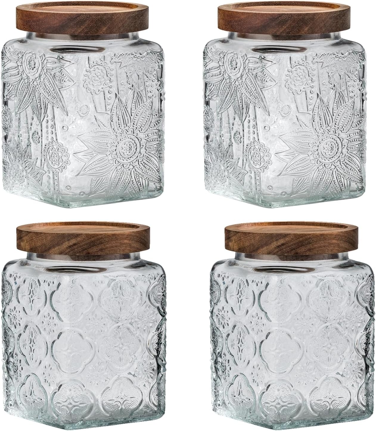 Snminetal Vintage Glass Airtight Storage Jar, With Airtight Wood Lid, Kitchen Food Storage Containers,for Kitchen Counter, Pantry, Tea, Sugar, Coffee Tea Beans,Food Storage Jar (Sunflower*2+plum*2)