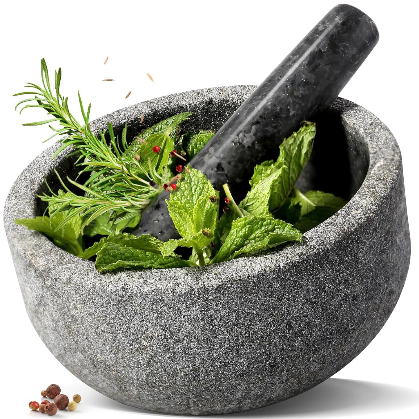 Koville Granite Mortar and Pestle Set, 7"-4 Cups Unpolished Stone Grinder Bowl for Guacamole, Salsa, Pill Crusher, Spice, Herb, Garlic, Nut, Heavy Duty Grinder for Kitchen(Angola Silver Black)