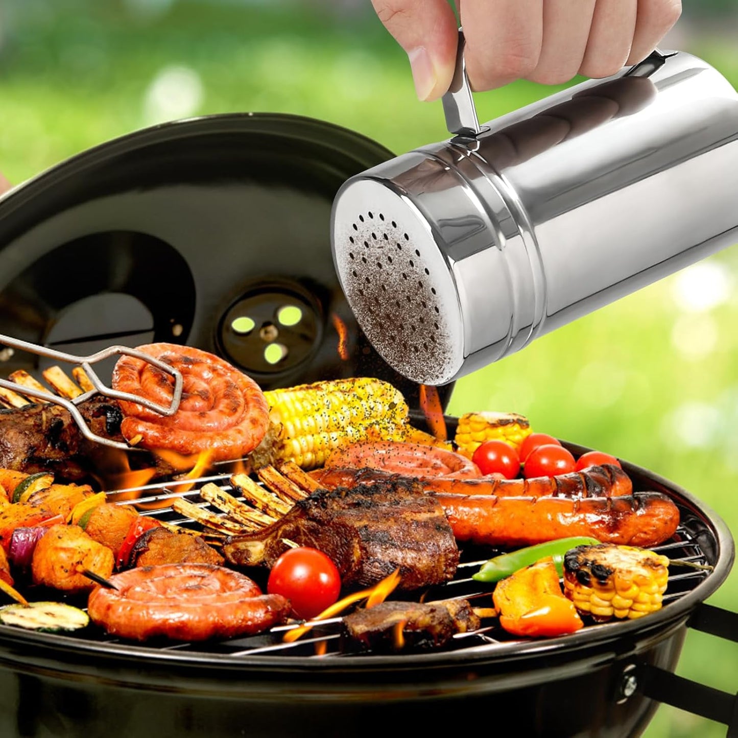 Accmor 2pcs Stainless Steel Dredge, Salt Pepper Dredge Shakers with Handle, Seasonings Spice Shakers with Lid, 14 Ounce