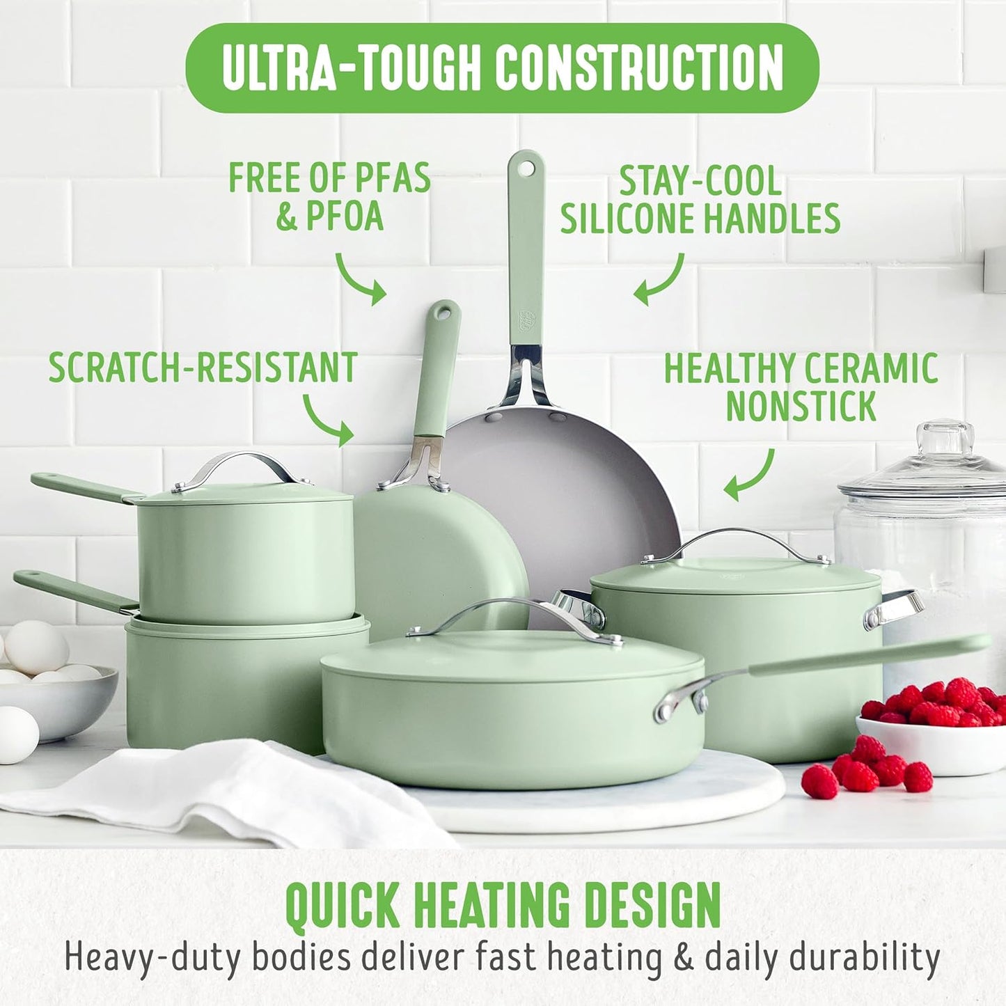 GreenLife 10-Piece Nonstick Ceramic Cookware Set, Lightweight Healthy PFAS-Free Pots & Pans with Lids, Dishwasher & Oven Safe, Durable Body, Silicone Stay-Cool Handles, Easy Release, Sage Green