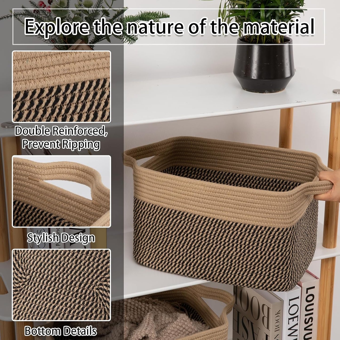 OIAHOMY 3 Pack Storage Basket for Organizing, 13''X9.85''X8.7'' Storage Bins,Woven Basket Basket with Handles, Toy Storage Basket Bin,Stylish Room Decor Basket, Brown & Black