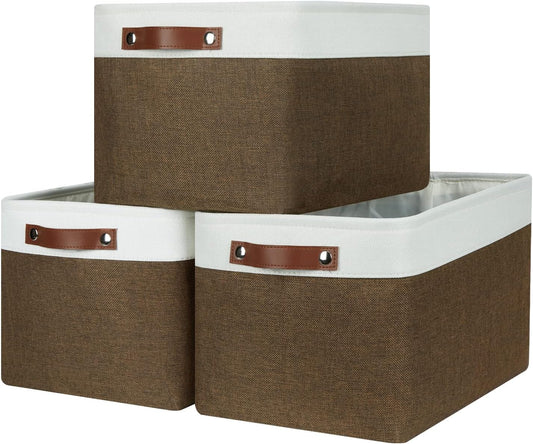 HNZIGE Fabric Storage Baskets (3 Pack) - Decorative Foldable Shelf Baskets with Leather Handles for Organizing Clothes (Brown & White, 15" x 11" x 9.5")