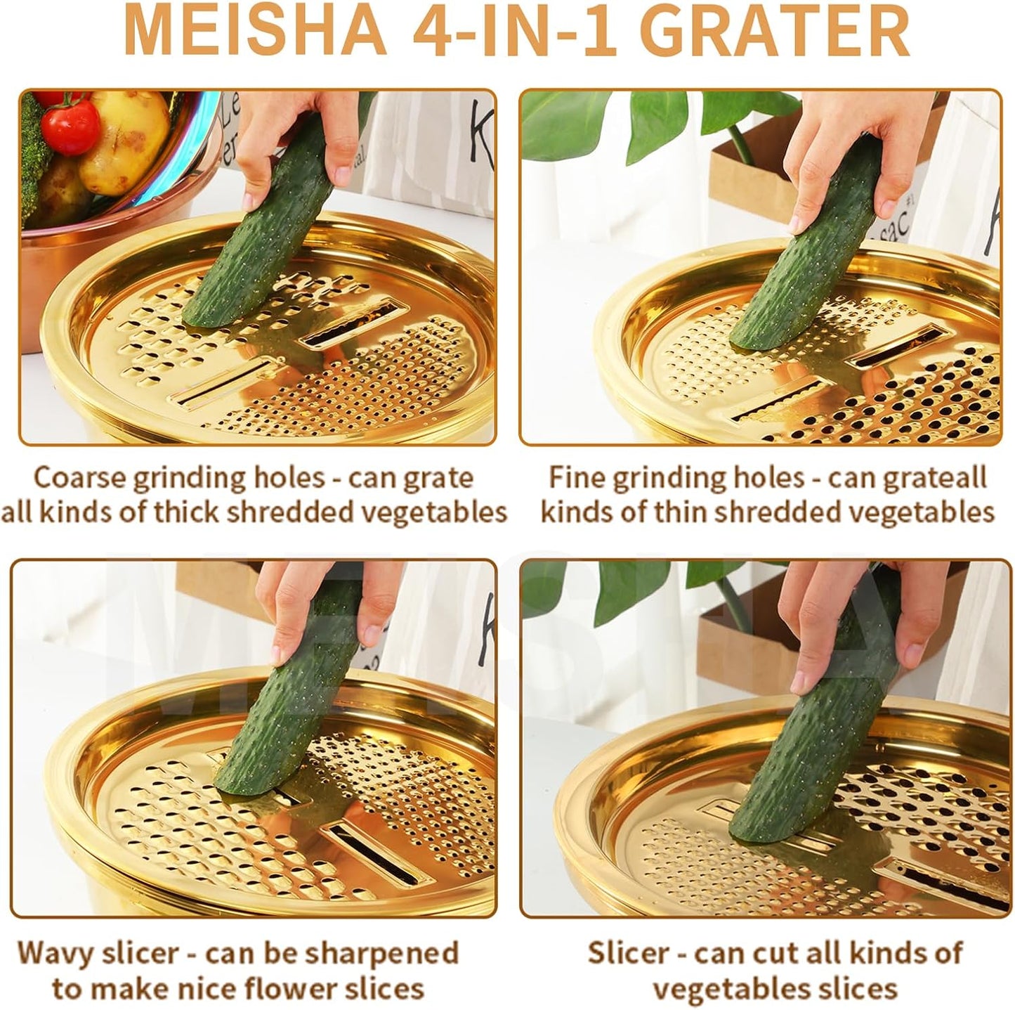 Meisha Colander, 3Pcs Stainless Steel Kitchen Tool 3 in 1 Drain Basket Fruit and Vegetable Cutter Strainer Bowl Set Drain Pot Basket Grater for Fruits Vegetables Rice Washing Mixing - Gold