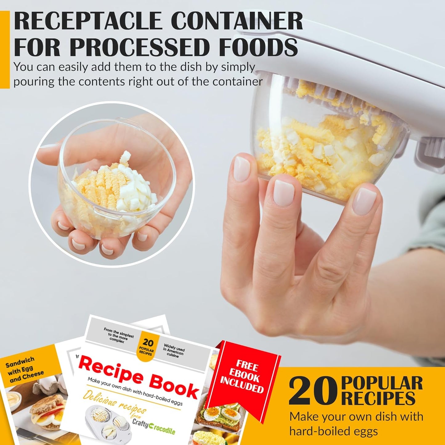 CraftyCrocodile Egg Slicer for Hard Boiled Eggs - 3 Slice Modes Egg Cutter, Heavy Duty, Stainless Steel Dicer - Kitchen Chopper Tool for Strawberry, Mushroom, Grape, Cherry Tomato - White