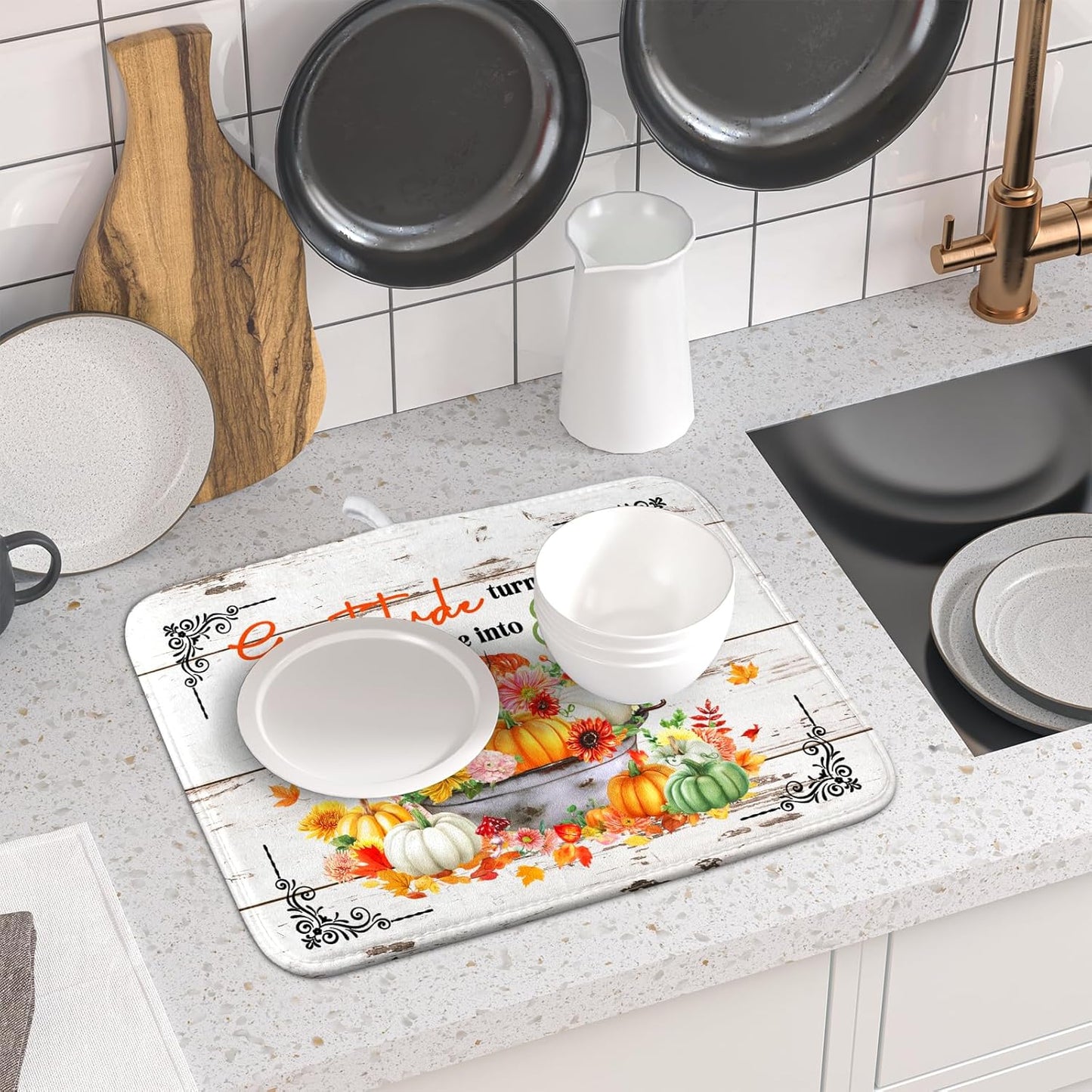 Fall Dish Drying Mats for Kitchen Counter Absorbent Autumn Dish Drainer Pad Home Decor