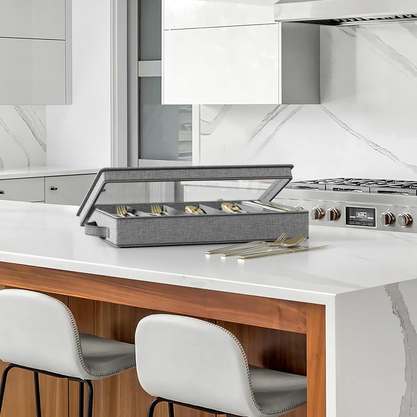 Sorbus Flatware & Utensil Storage - Gray Fabric Chest Box for Storage and Organizing Utensils, Silverware, Flatware, Cutlery - Silverware Organizer Container with Clear Lid & Adjustable Divider