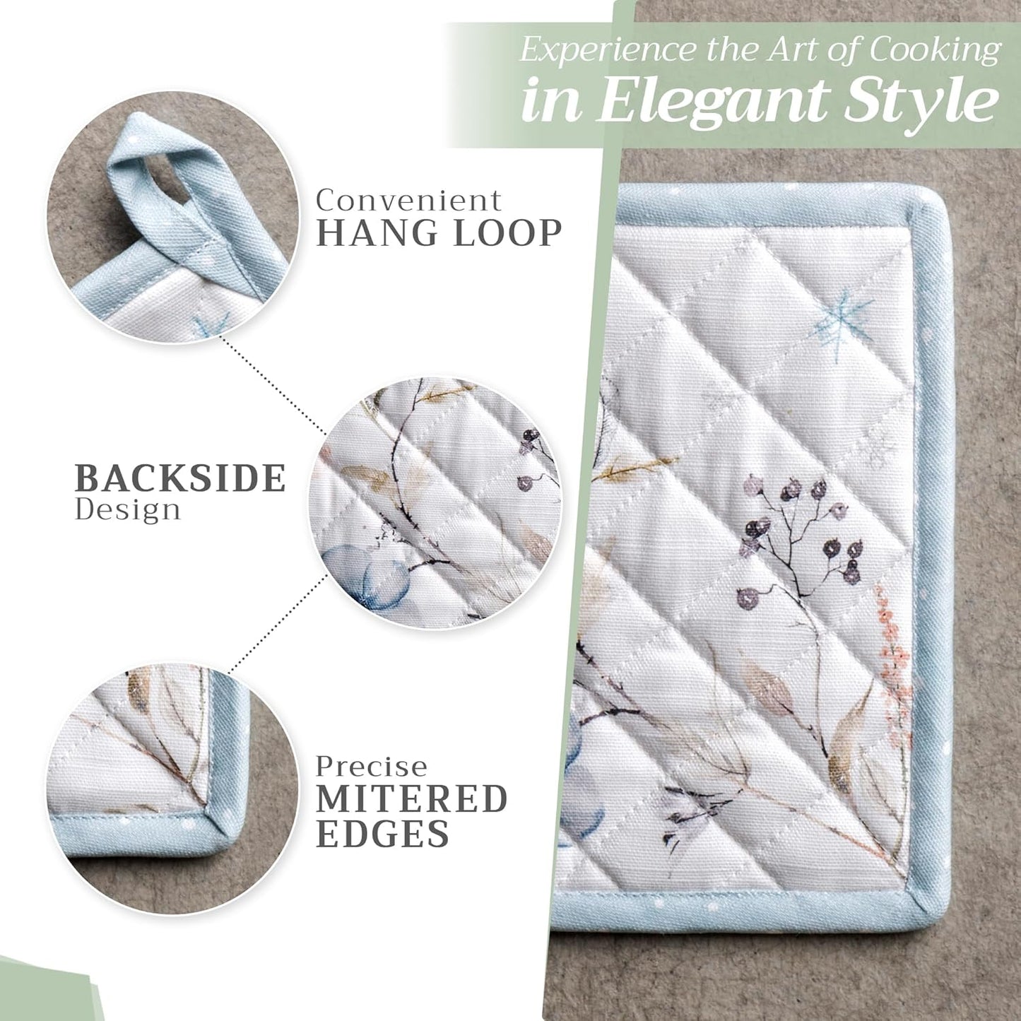 Maison d' Hermine Pot Holders 100% Cotton Heat Resistant Potholders 8" x 8" Hot Pads with Loop BBQ, Cooking, Baking, Grilling, Kitchen, Handling Hot Pans (Pack of 1, Ice Florals)
