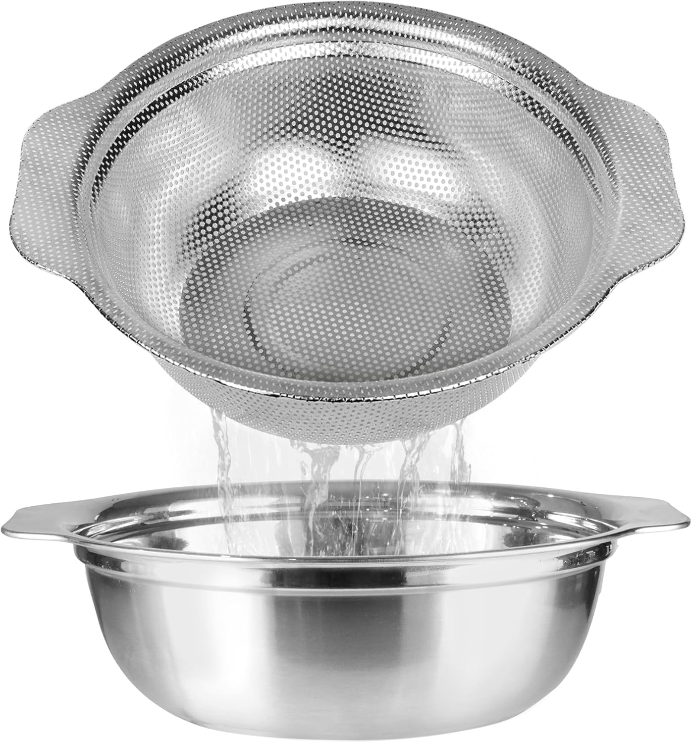 Stainless Steel Colander for Kitchen, 2.5QT Rice Washer Strainer with Mixing Bowl, Colander Bowl Set with Microporous for Washing Rice, Pasta, Spaghetti, Fruits, Dishwasher Safe(2PC)