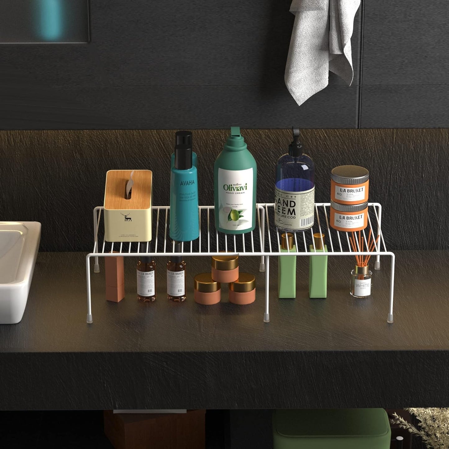 Redrubbit Cabinet Storage Shelf Rack, Expandable Metal Rustproof Kitchen Counter and Cabinet Shelf, Storage Rack Organizer Space Saver for Kitchen, Fridge, Cabinet, Bathroom, White, Set of 4