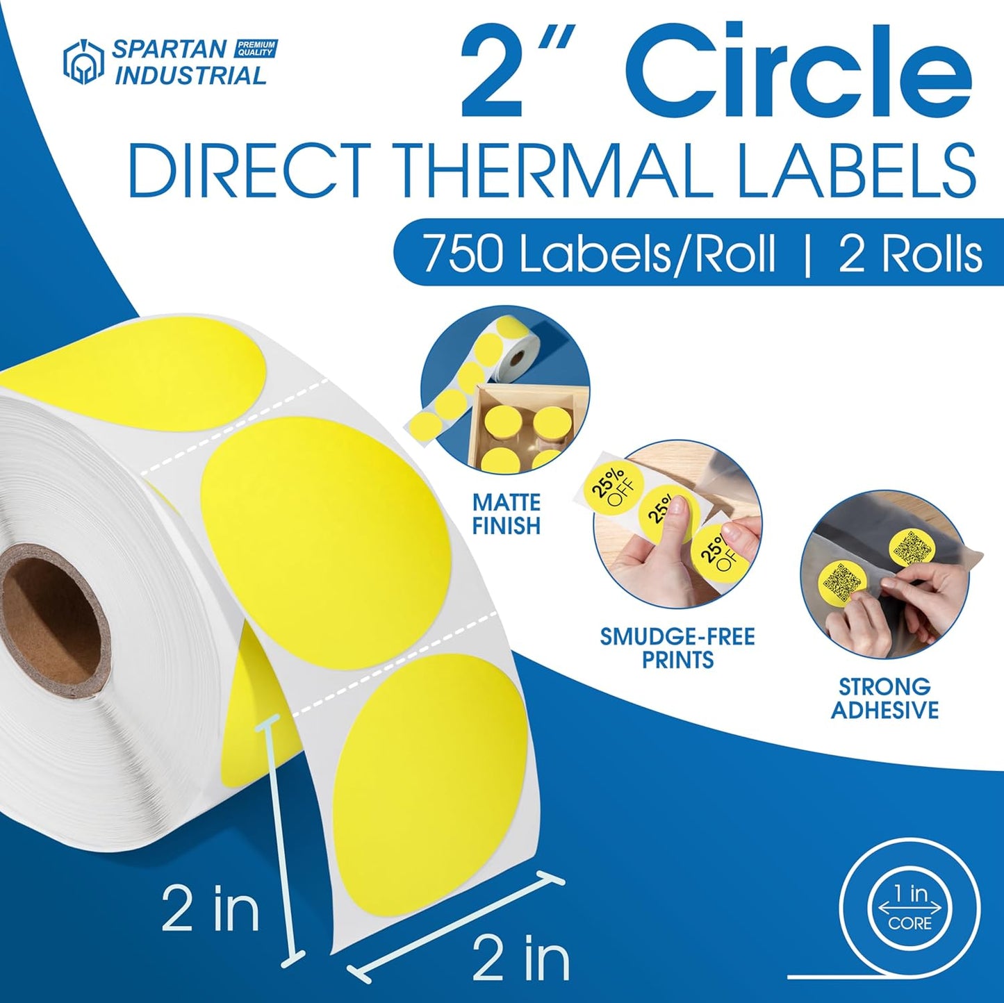 Spartan Industrial 2" Round Direct Thermal Yellow Labels | Perforated Custom Circle Logo Stickers - Works with Rollo, Zebra, MUNBYN Desktop Printers - 2 Rolls, 750/Roll