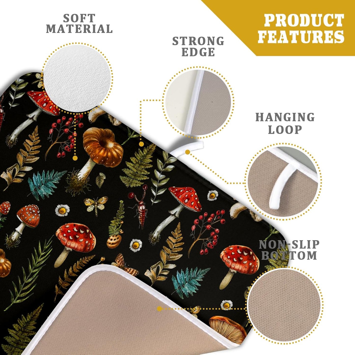 Mushroom Forest Dish Drying Mat Fern Leaves Black Drainer Mat for Kitchen Countertop 16 X 18 Inch