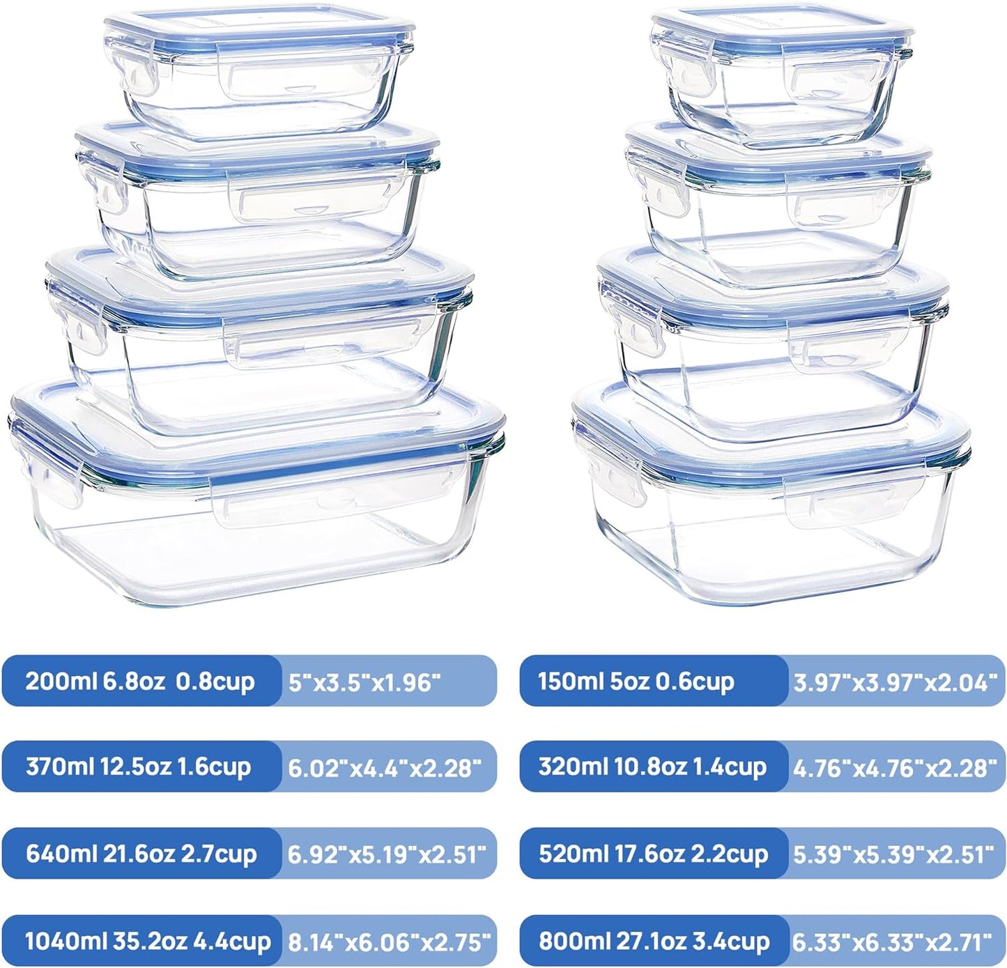 Vtopmart 8 Pack Glass Food Storage Containers with Airtight Lids, Glass Meal Prep Containers, Lunch Office Meal for Microwave, Oven, Freezer and Dishwasher, BPA Free