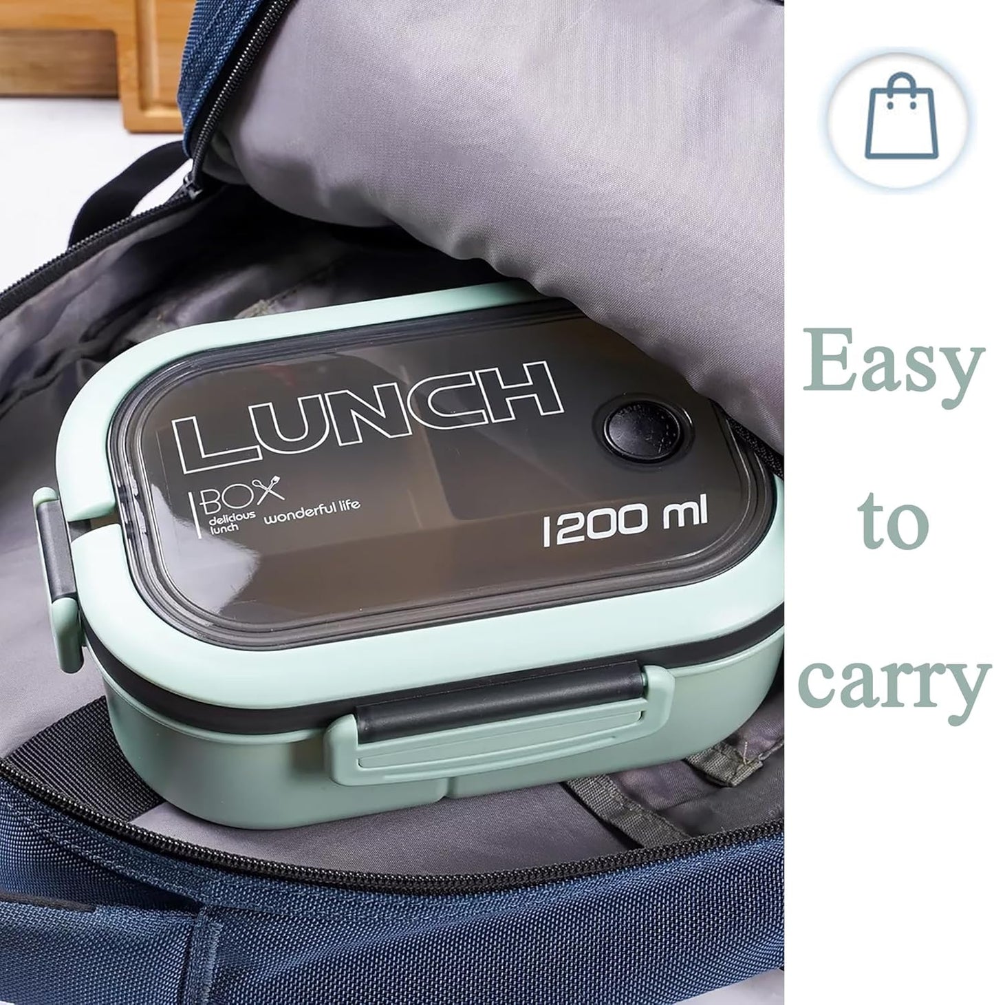 Bento Box Adult, Lunch Box for Men and Women, 1200ML Leak-proof Double-layered with Handle Lunchbox, Reusable BPA-Free Lunch Container, Microwave/Dishwasher Safe, Snack Box with Cutlery Set, Green