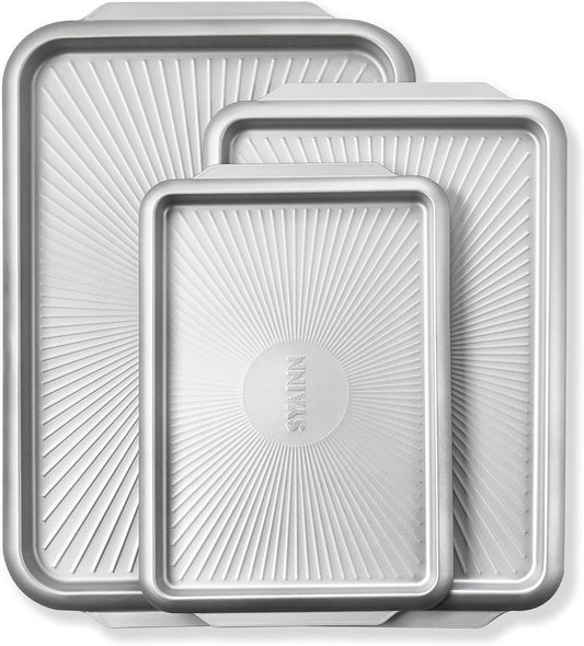 SYAINN Non-stick Ceramic Baking Sheet Set, Pack of 3 - Aluminum Steel Cookie Sheets for Baking - Includes Half/Quarter/Jelly Roll Pans - Warp Resistant, Toxic, PTFE & PFOA Free - Sliver