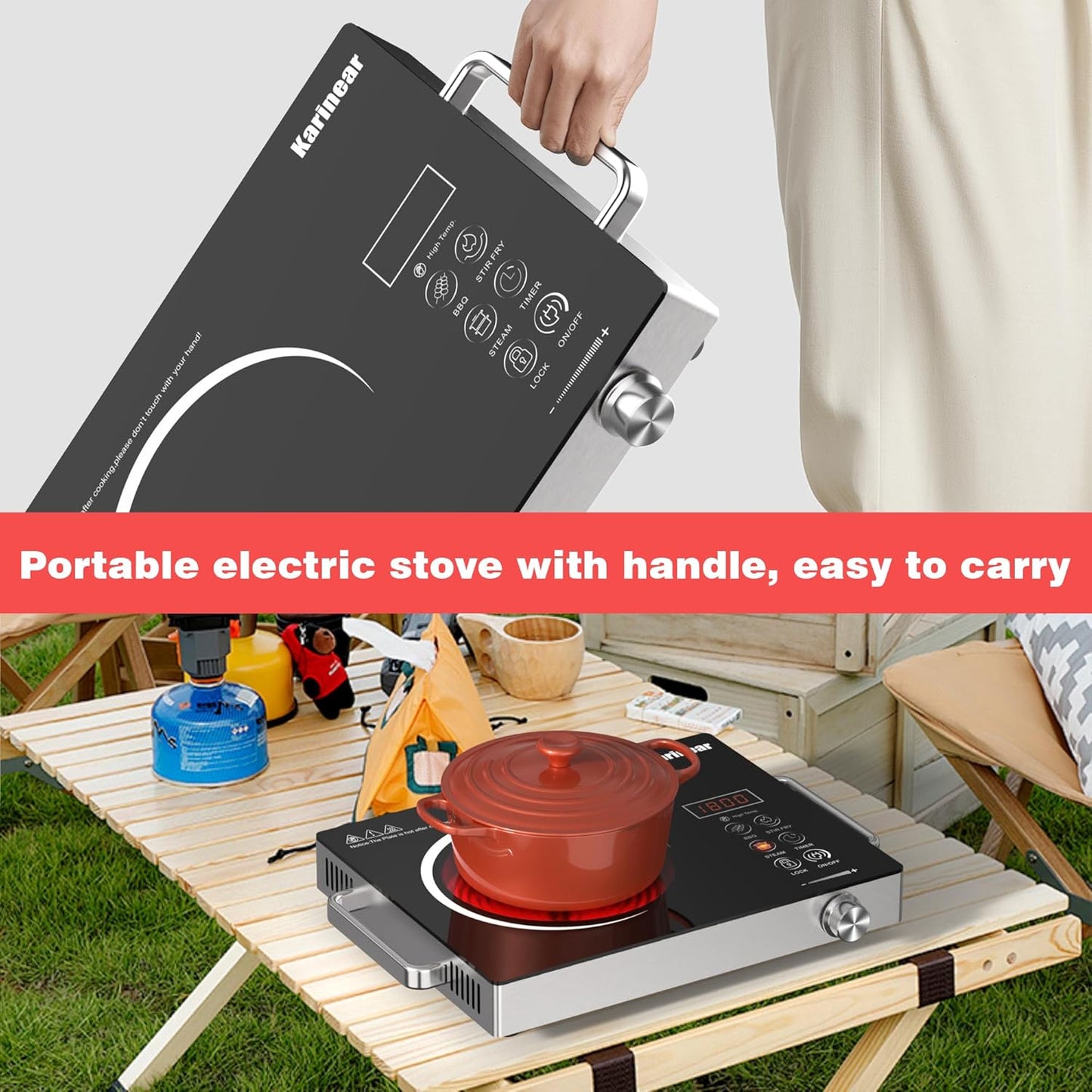 Karinear Portable Electric Stove 110V, 1800W Electric Hot Plate with Handle, Knob Control Single Burner Electri Cooktop, Ceramic Infrared Countertop Burner, Timer, Safety Lock