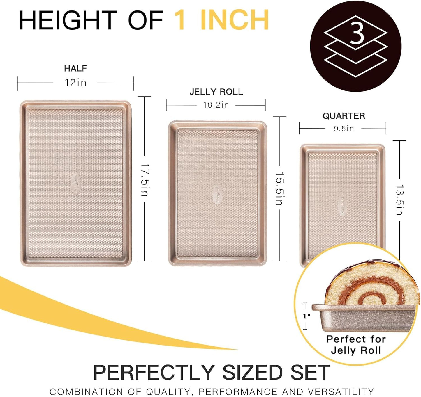 HONGBAKE Baking Sheet Pan Set of 3, Cookie Sheets for Oven, Nonstick Half/Quarter/Jelly Roll Pans with Diamond Texture Pattern, 0.8mm Thick Heavy Duty Cookie Tray, Champagne Gold