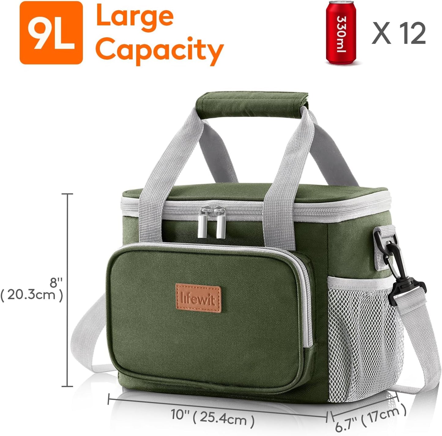 Lifewit Medium Lunch Bag Insulated Lunch Box Soft Cooler Cooling Tote for Adult Men Women, Gray and Green 12-Can (9L)