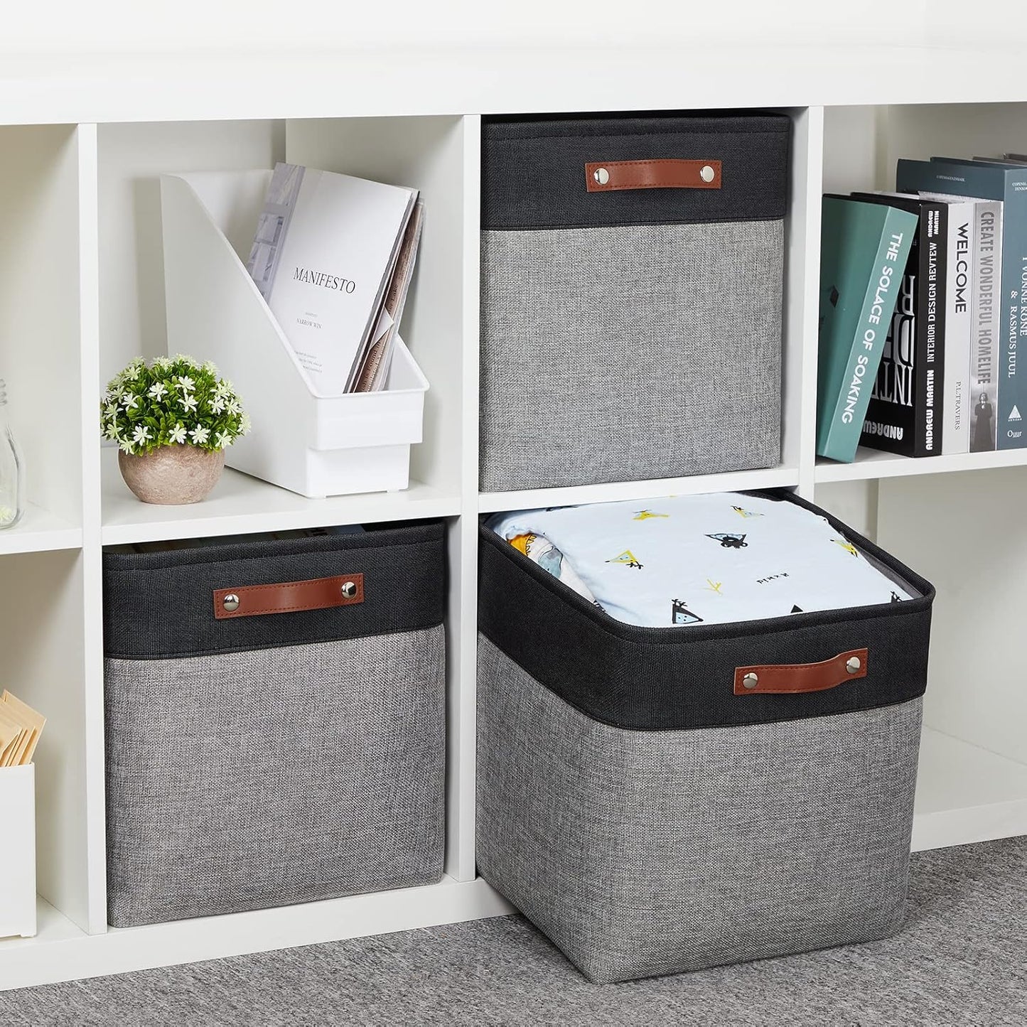 HNZIGE Storage Foldable Baskets Cubes Set(3 Pack) Fabric Bins for Shelves,13 Inch Storage Basket for Organizing with Leather Handles for Home, Toys, Clothes, Kids Room, Closet Storage(Black&White)