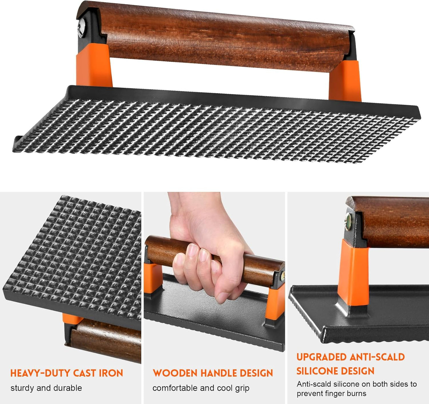 GGC Bacon Press for Griddle, Cast Iron Smash Burger Press for Hamburger, Steak, Bacon, Sandwiches, 8"x 4" Rectangle Meat Press with Wooden Handle for Grill and Griddle Cooking(10Pcs Patty Paper)