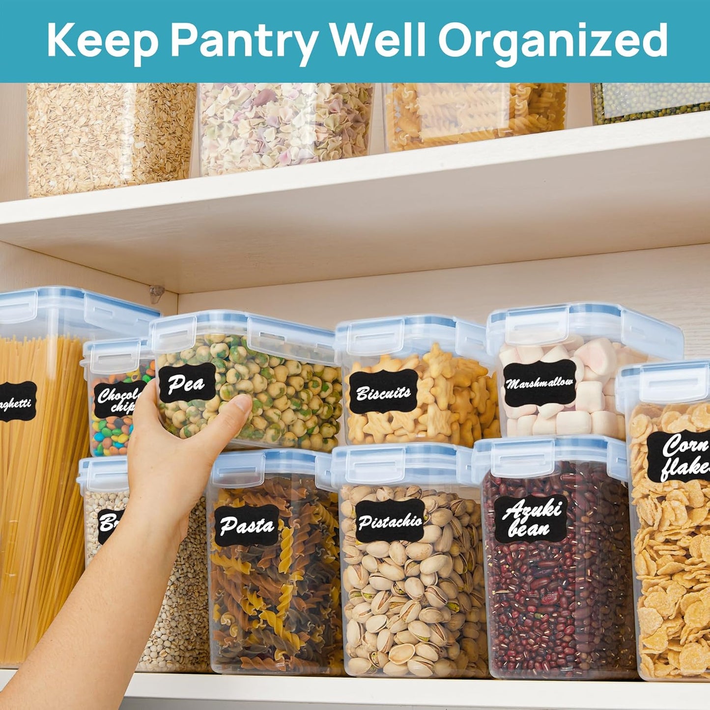 Vtopmart Airtight Food Storage Containers Set with Lids, 15pcs BPA Free Plastic Dry Food Canisters for Kitchen Pantry Organization and Storage, Dishwasher safe,Include 24 Labels, Blue