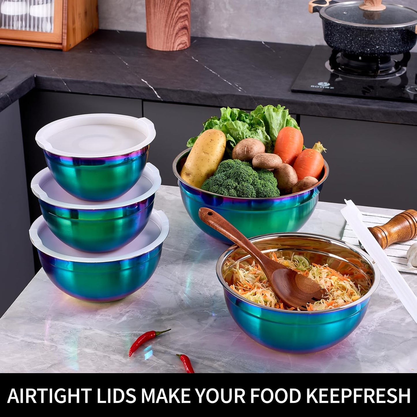 Rainbow Mixing Bowls with Lids Set of 5, Stainless Steel Nesting Bowl with Khaki Lid for Non-slip Mixing Prepping Storing Serving, 5 Sizes-5.5/3.6/2.7/2.1/1.5 QT